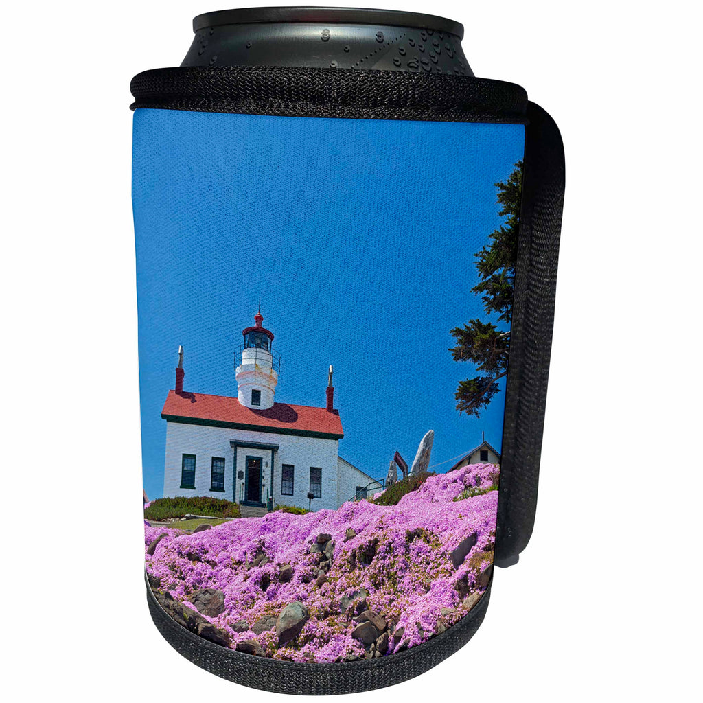 3dRose Danita Delimont - lighthouses - California, Battery Point Lighthouse, Ice Plants in full bloom - Can Cooler Bottle Wrap (cc_258895)