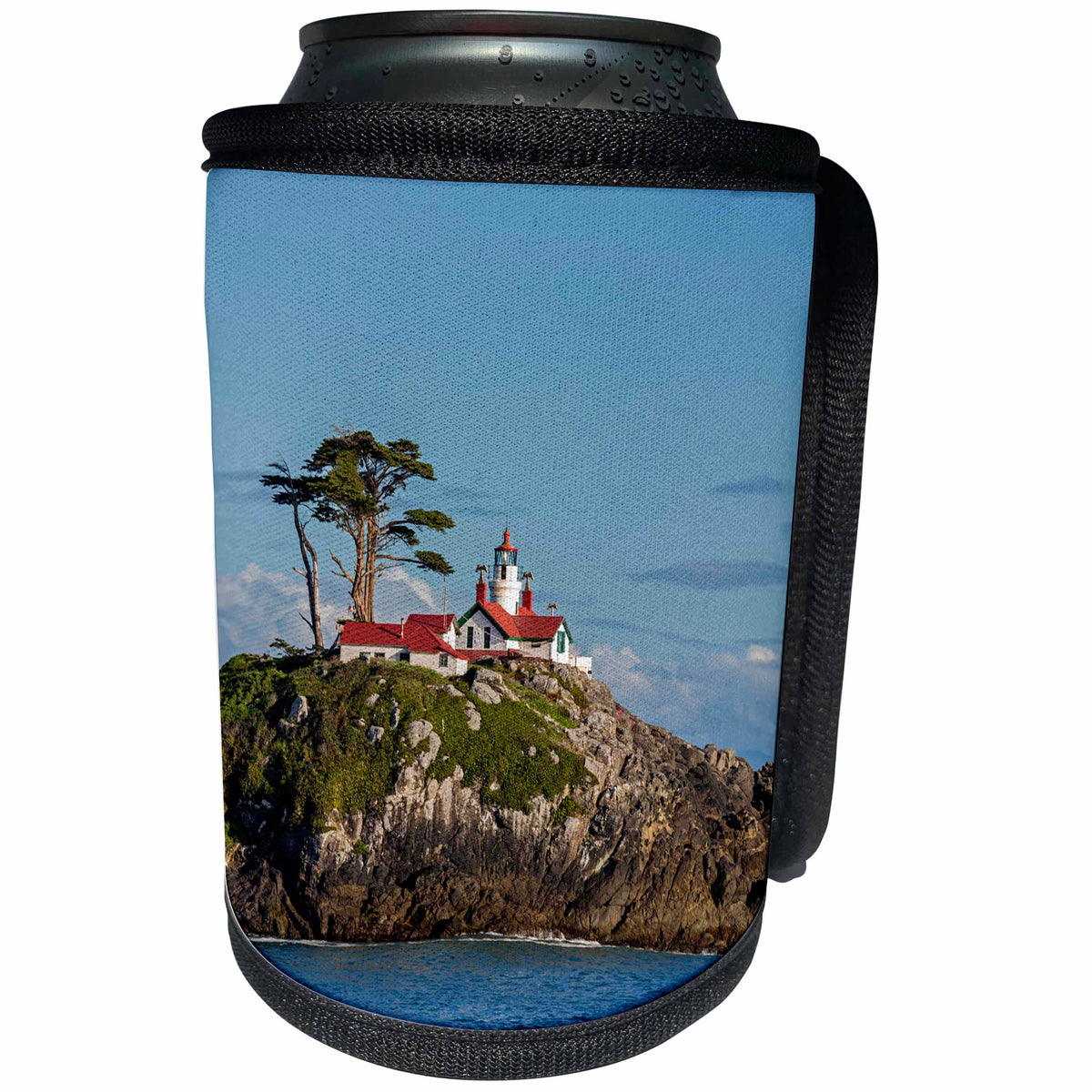 3dRose Danita Delimont - Lighthouses - California, Crescent City, Battery Point Lighthouse sits upon a rock - Can Cooler Bottle Wrap (cc_258905)