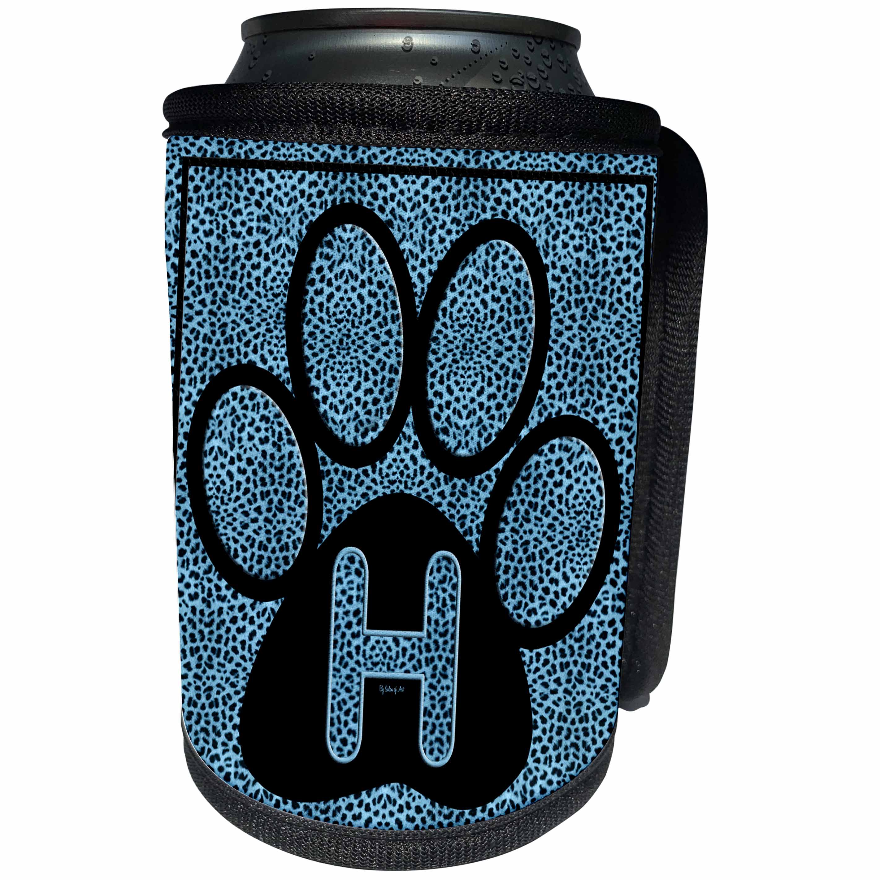 3dRose Doreen Erhardt Monogrammed Collection - Letter H Blue Cheetah Print Cat Paw - Can Cooler Bottle Wrap (cc_25915)