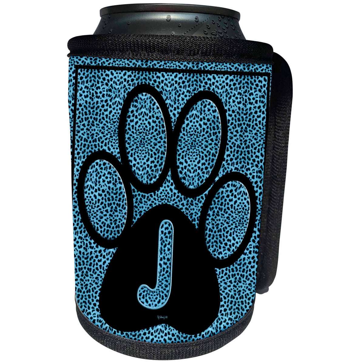3dRose Doreen Erhardt Monogrammed Collection - Letter J Blue Cheetah Print Cat Paw - Can Cooler Bottle Wrap (cc_25917)