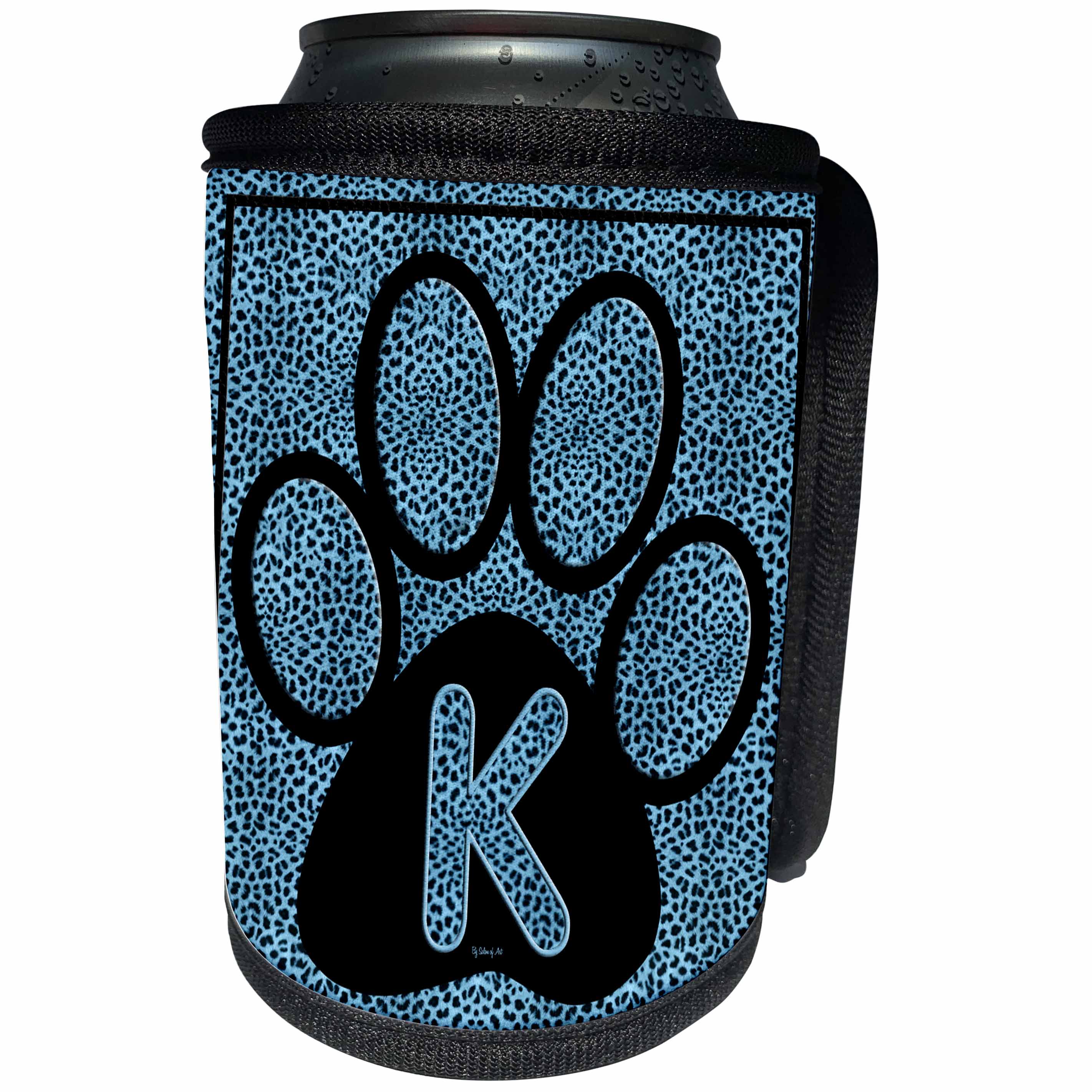 3dRose Doreen Erhardt Monogrammed Collection - Letter K Blue Cheetah Print Cat Paw - Can Cooler Bottle Wrap (cc_25918)