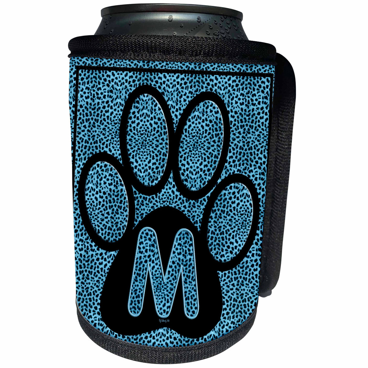 3dRose Doreen Erhardt Monogrammed Collection - Letter M Blue Cheetah Print Cat Paw - Can Cooler Bottle Wrap (cc_25920)