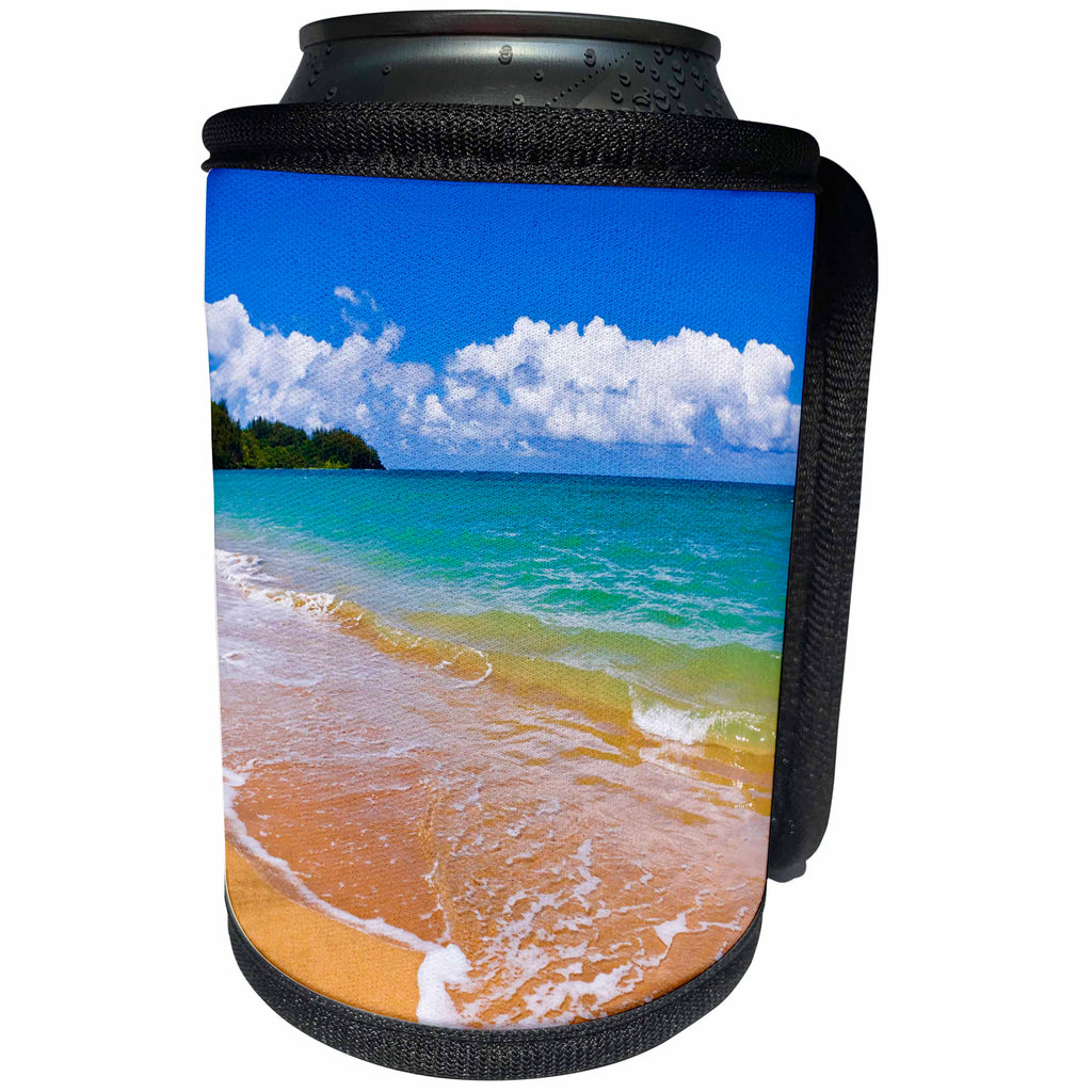 3dRose Danita Delimont - Beaches - Empty beach and blue waters on Hanalei Bay, Island of Kauai, Hawaii - Can Cooler Bottle Wrap (cc_259231)