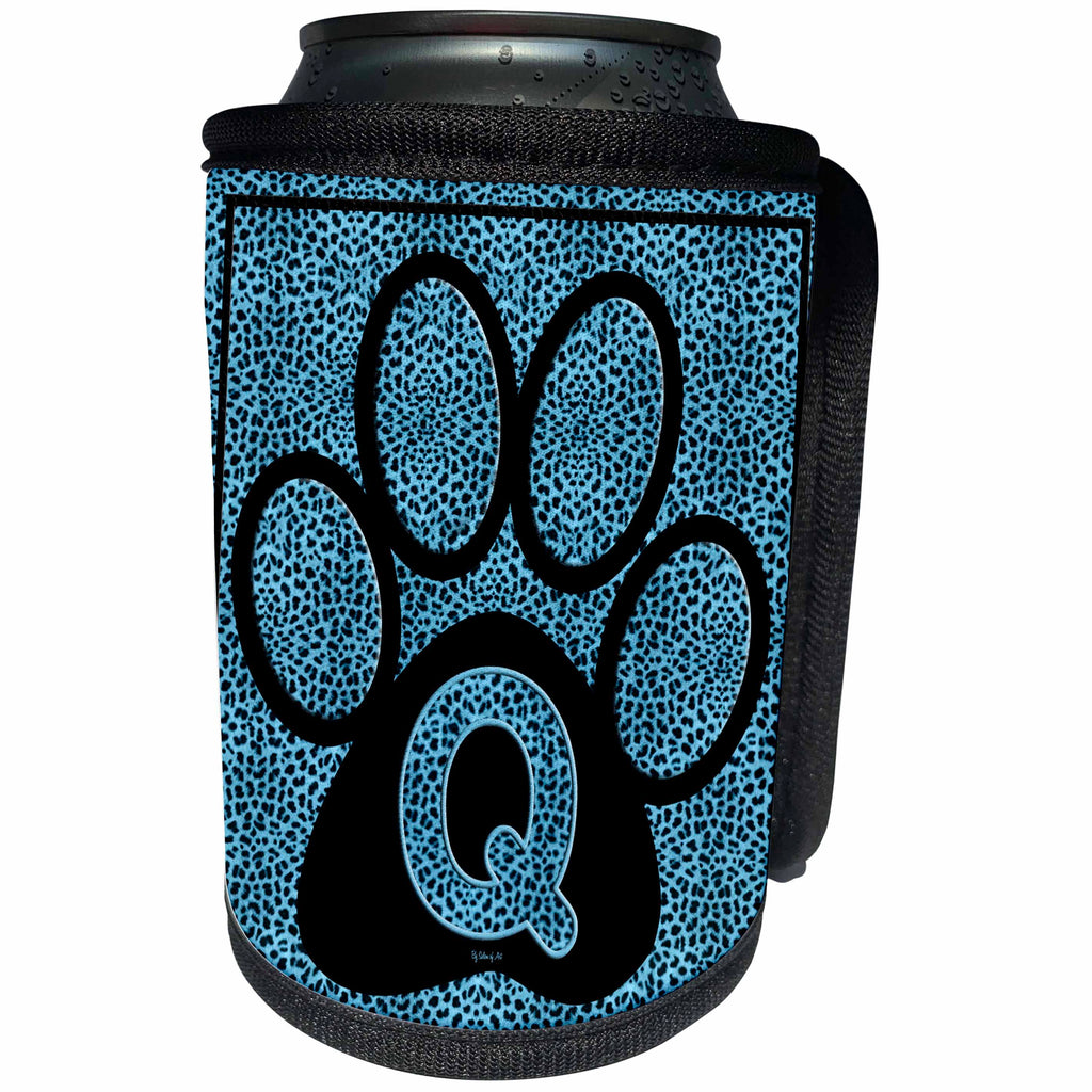 3dRose Doreen Erhardt Monogrammed Collection - Letter Q Blue Cheetah Print Cat Paw - Can Cooler Bottle Wrap (cc_25924)