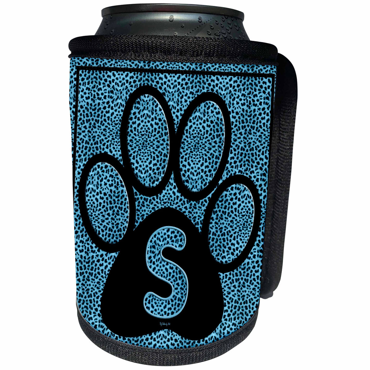3dRose Doreen Erhardt Monogrammed Collection - Letter S Blue Cheetah Print Cat Paw - Can Cooler Bottle Wrap (cc_25926)
