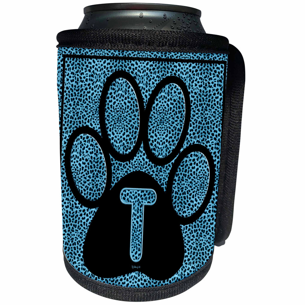3dRose Doreen Erhardt Monogrammed Collection - Letter T Blue Cheetah Print Cat Paw - Can Cooler Bottle Wrap (cc_25927)