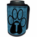 3dRose Doreen Erhardt Monogrammed Collection - Letter T Blue Cheetah Print Cat Paw - Can Cooler Bottle Wrap (cc_25927)