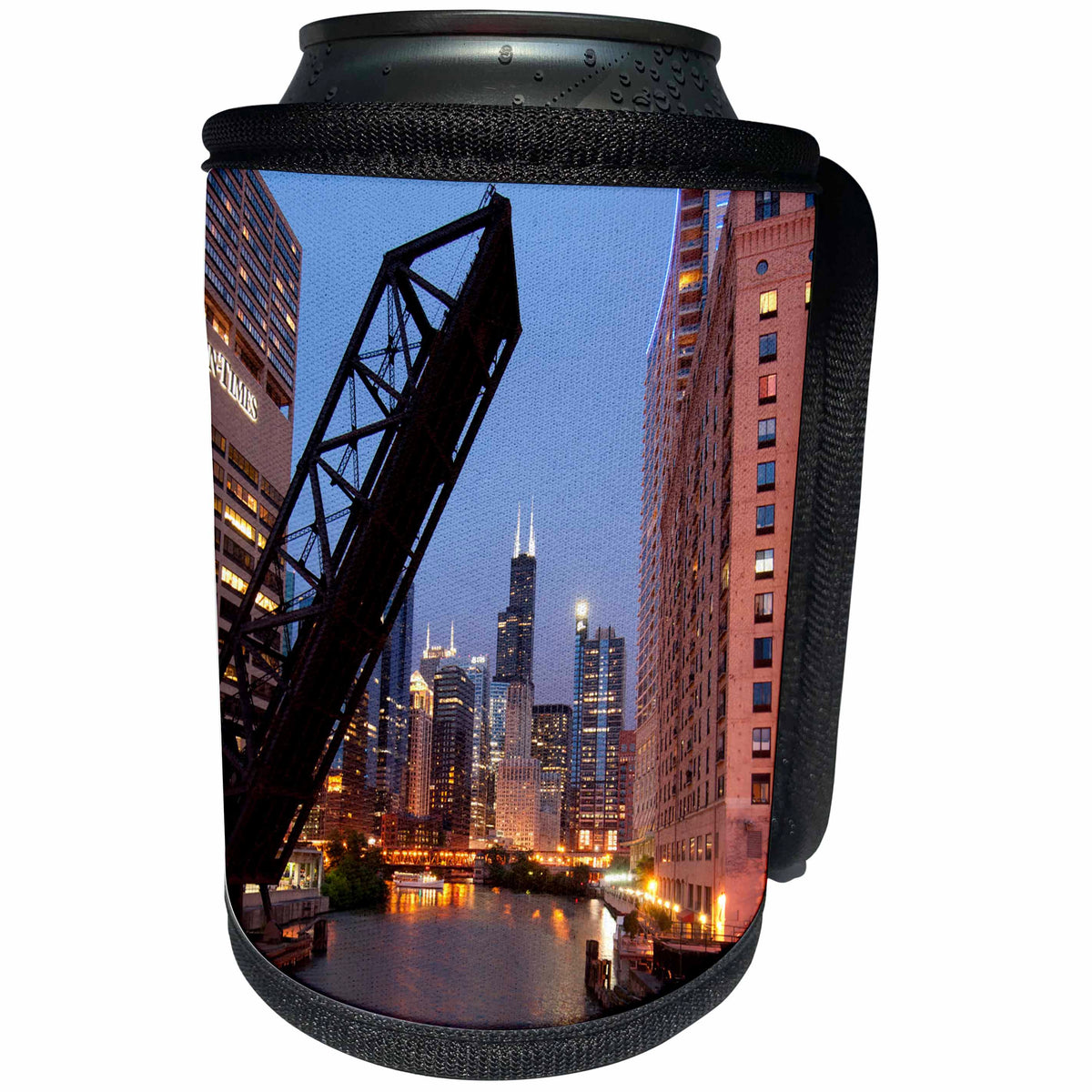 3dRose Danita Delimont - Cities - Illinois, Chicago River and skyline at dusk with boat - Can Cooler Bottle Wrap (cc_259273)