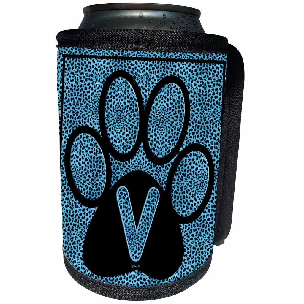 3dRose Doreen Erhardt Monogrammed Collection - Letter V Blue Cheetah Print Cat Paw - Can Cooler Bottle Wrap (cc_25929)