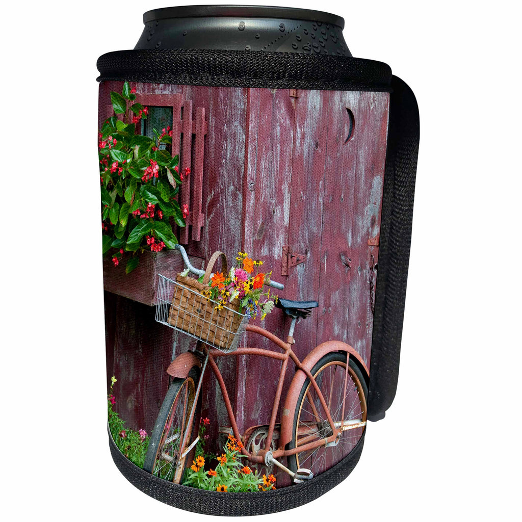 3dRose Danita Delimont - Bicycles - Old bicycle with flower basket next to garden shed, Illinois - Can Cooler Bottle Wrap (cc_259309)
