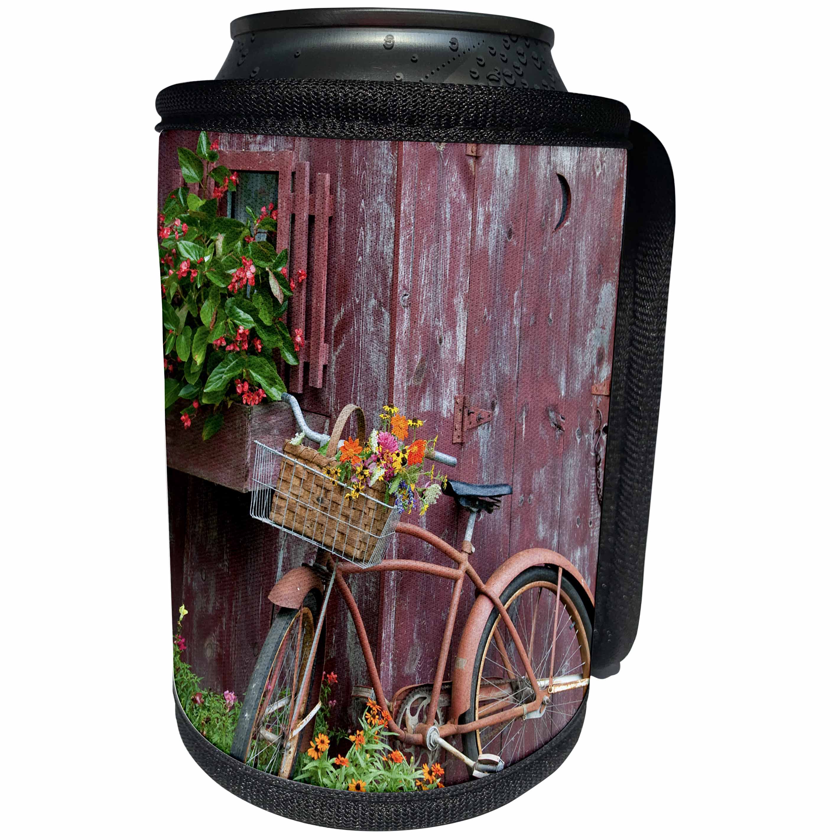3dRose Danita Delimont - Bicycles - Old bicycle with flower basket next to garden shed, Illinois - Can Cooler Bottle Wrap (cc_259309)