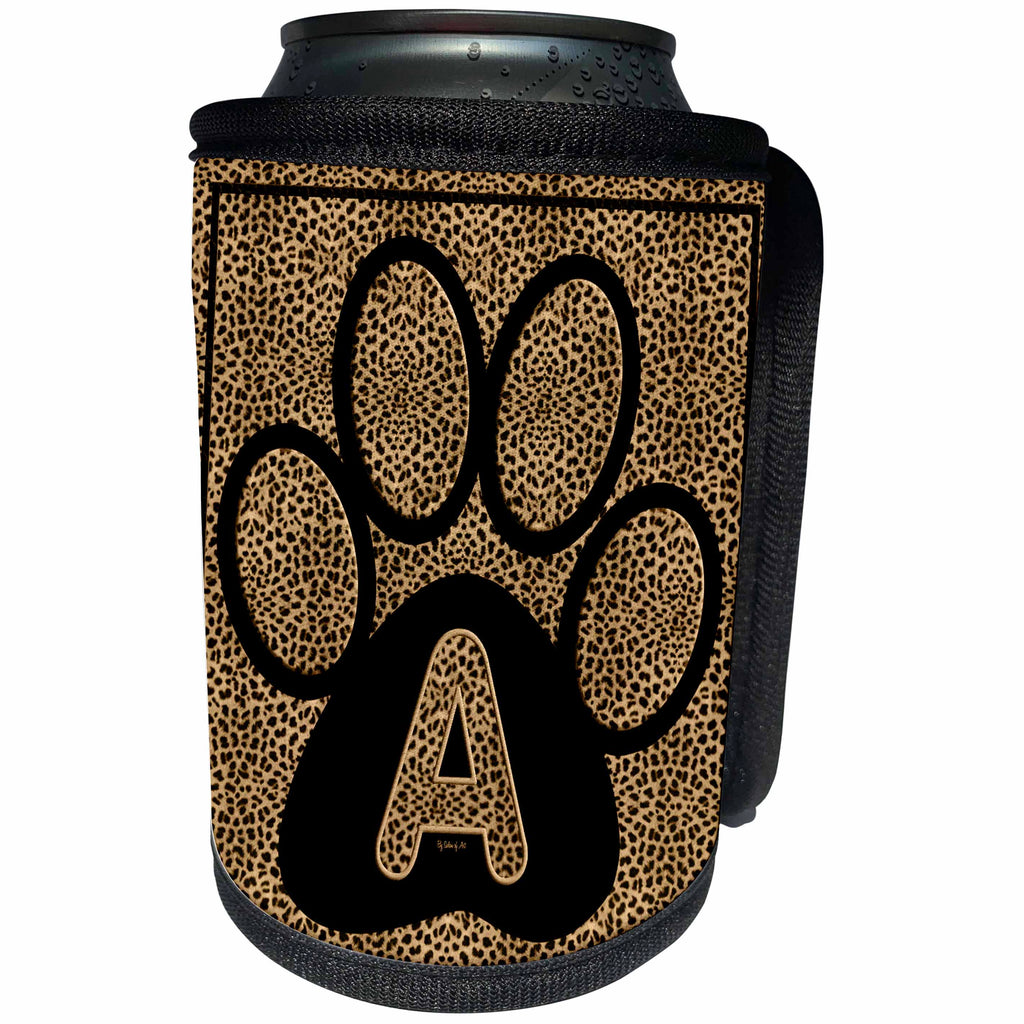 3dRose Doreen Erhardt Monogrammed Collection - Letter A Standard Cheetah Print Cat Paw - Can Cooler Bottle Wrap (cc_25934)
