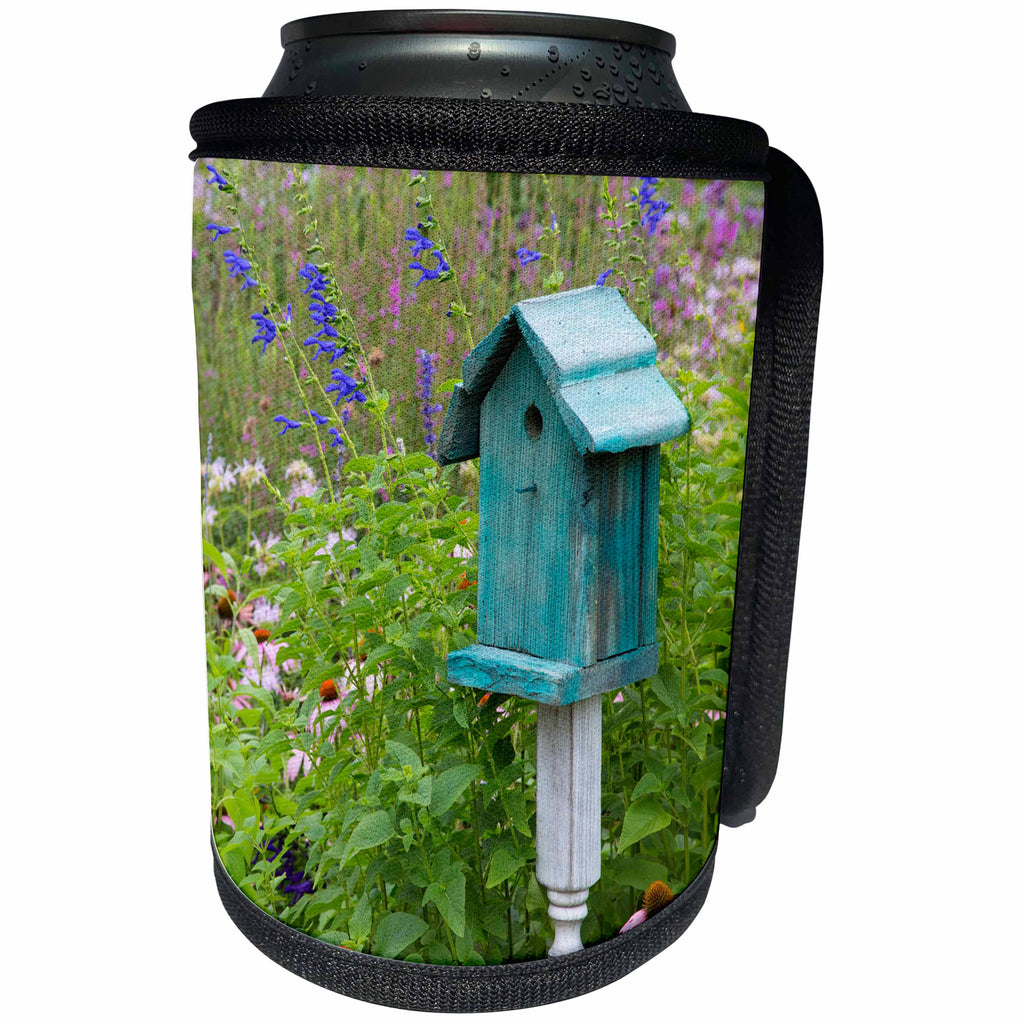 3dRose Danita Delimont - Gardens - Blue birdhouse in flower garden, Marion County, Illinois - Can Cooler Bottle Wrap (cc_259343)