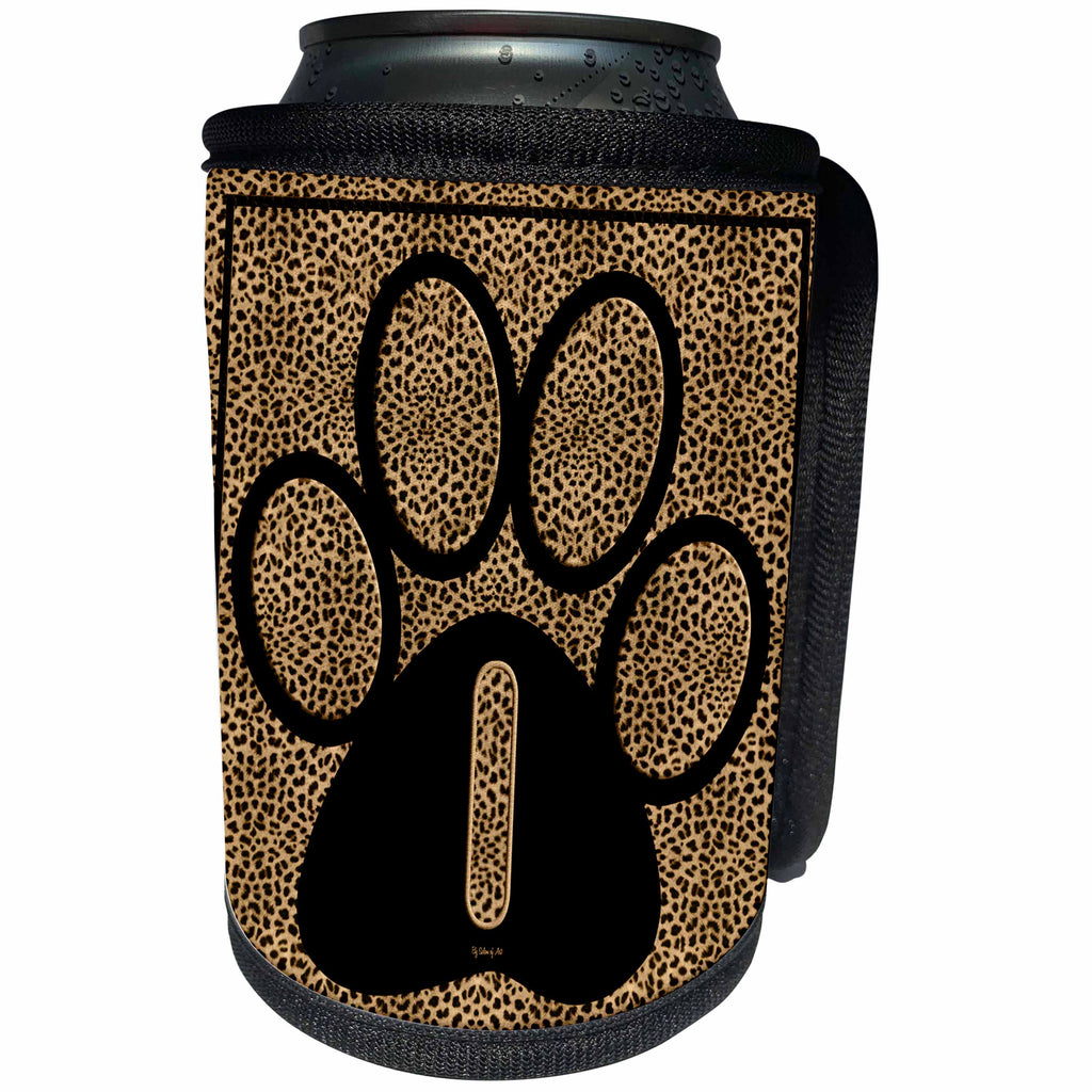 3dRose Doreen Erhardt Monogrammed Collection - Letter I Standard Cheetah Print Cat Paw - Can Cooler Bottle Wrap (cc_25942)