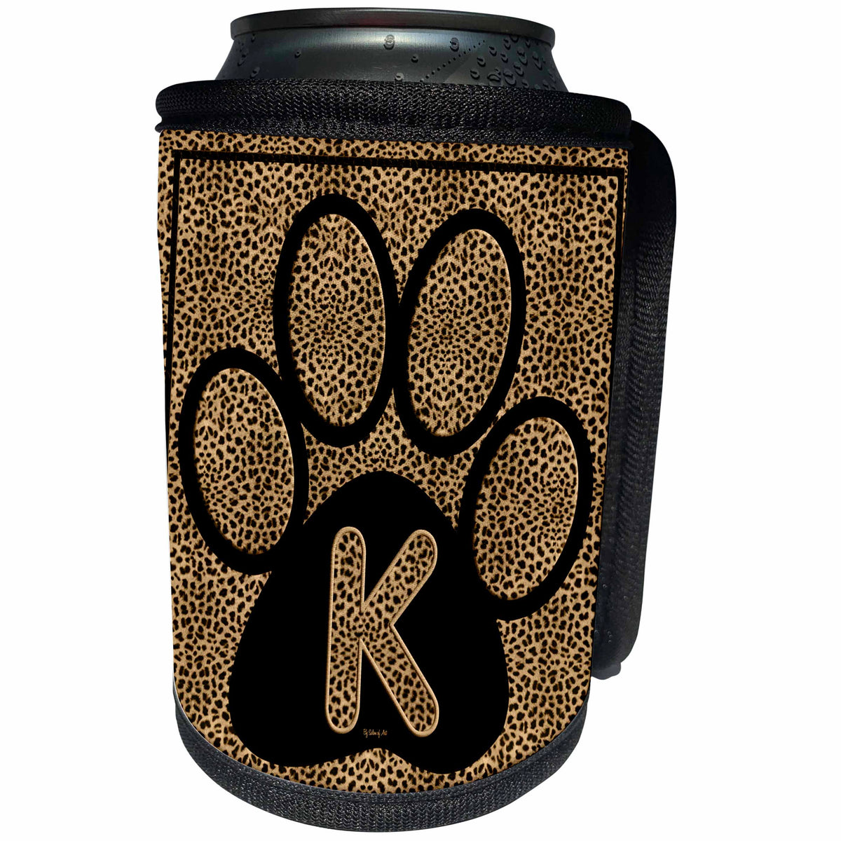 3dRose Doreen Erhardt Monogrammed Collection - Letter K Standard Cheetah Print Cat Paw - Can Cooler Bottle Wrap (cc_25944)