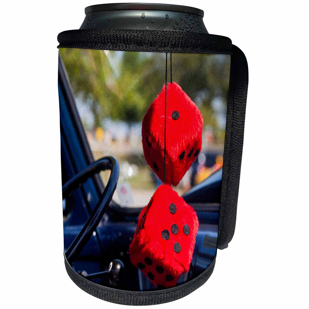 3dRose Danita Delimont - Automobiles - Massachusetts, Cape Ann, Gloucester, antique car with fuzzy dice - Can Cooler Bottle Wrap (cc_259458)
