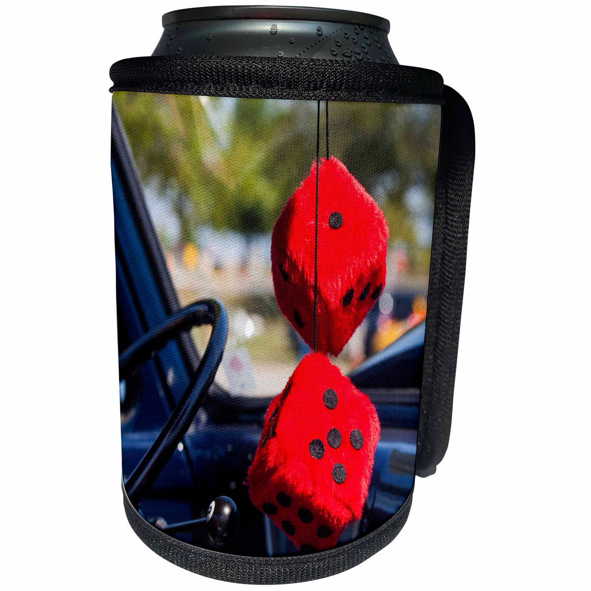 3dRose Danita Delimont - Automobiles - Massachusetts, Cape Ann, Gloucester, antique car with fuzzy dice - Can Cooler Bottle Wrap (cc_259458)