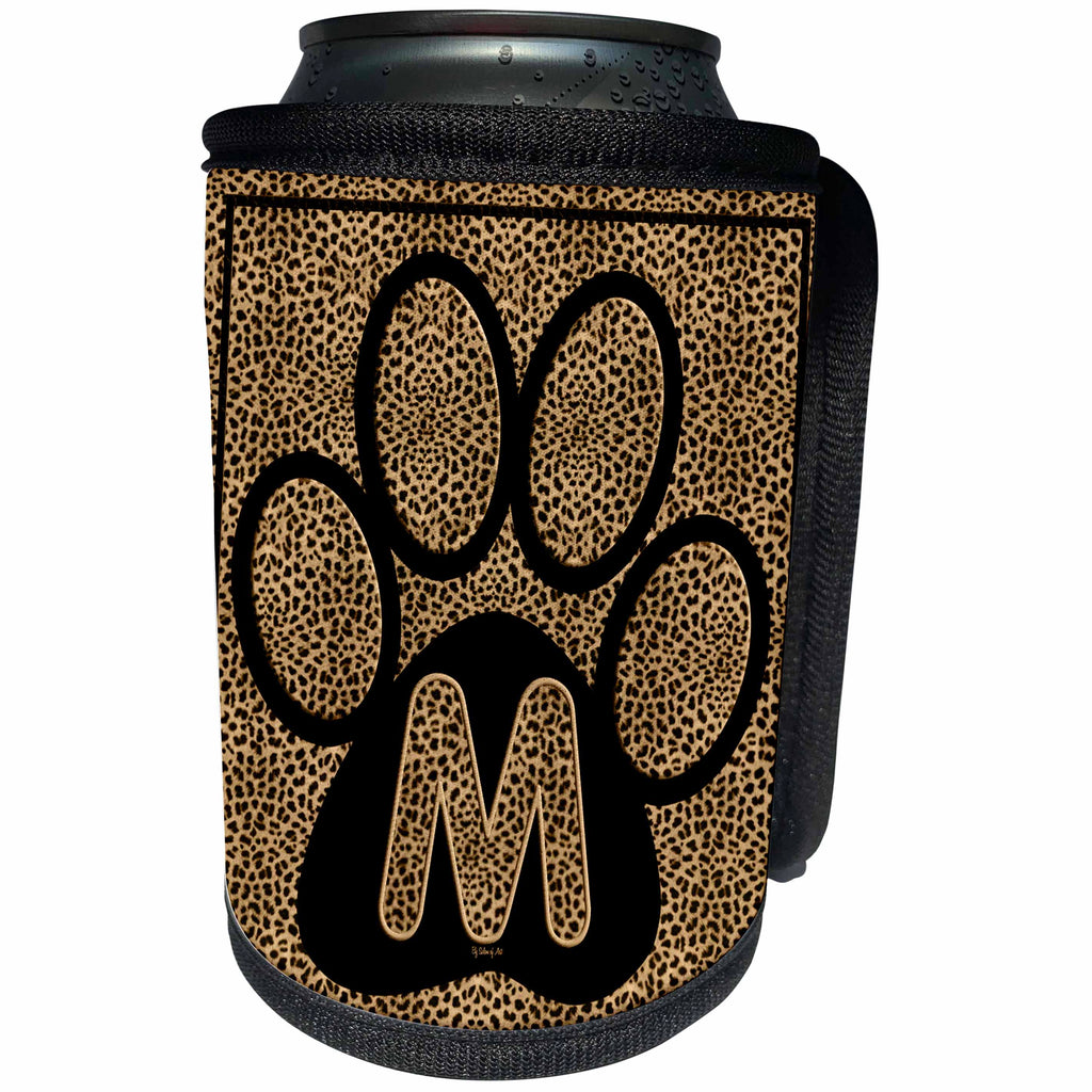 3dRose Doreen Erhardt Monogrammed Collection - Letter M Standard Cheetah Print Cat Paw - Can Cooler Bottle Wrap (cc_25946)