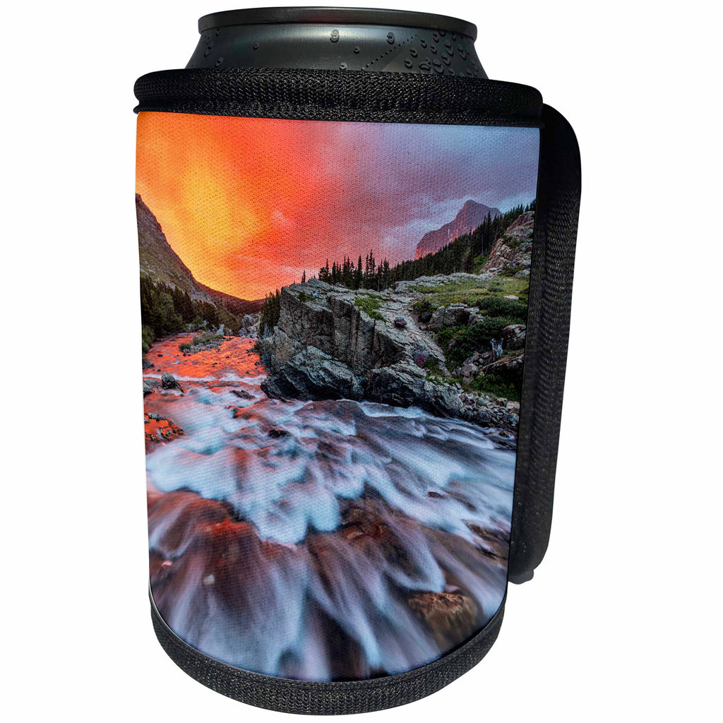 3dRose Danita Delimont - Sunrises - Brilliant sunrise over Swiftcurrent Falls, Glacier NP, Montana - Can Cooler Bottle Wrap (cc_259600)