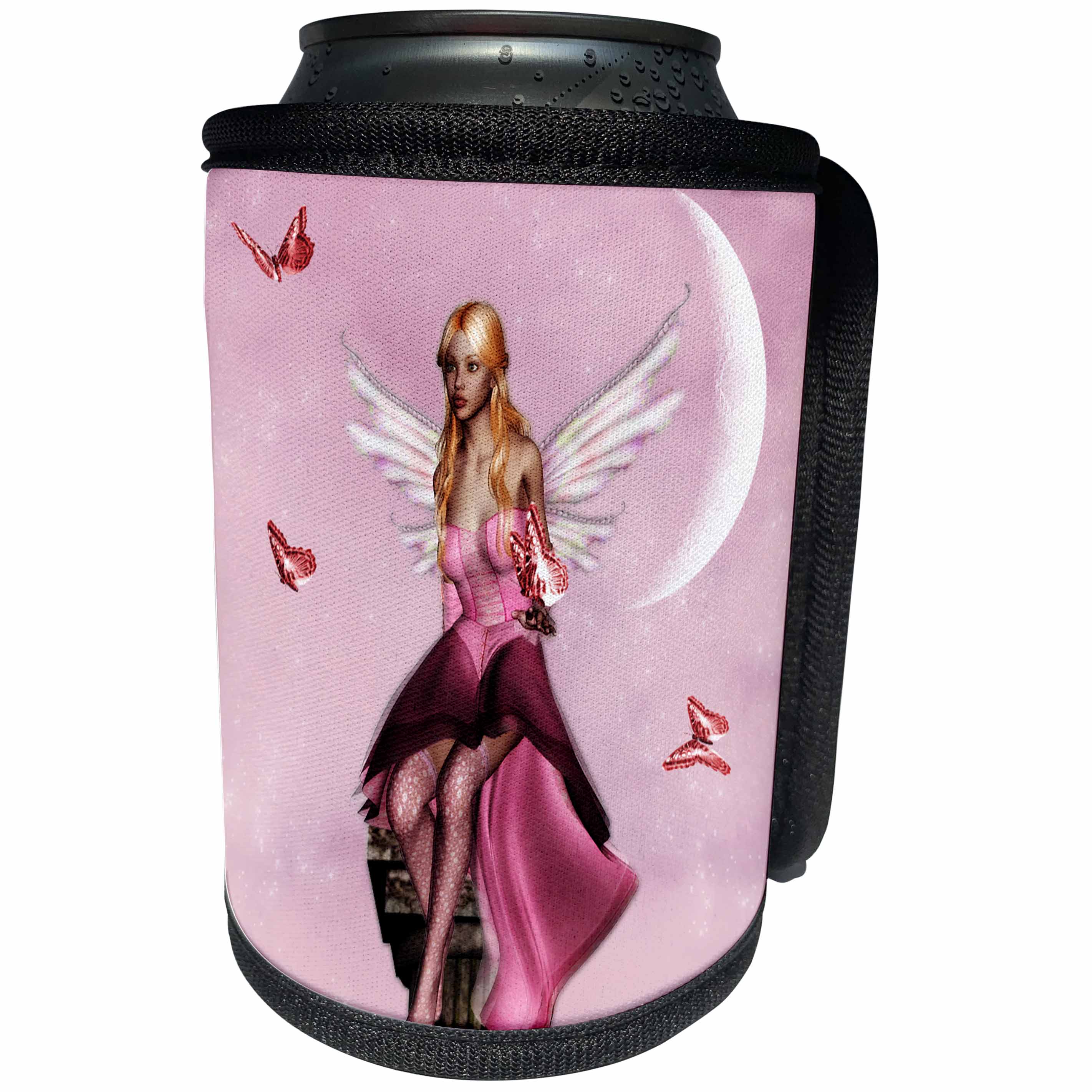3dRose Renderly Yours Fairies - Pink Fairy Fantasy with Moon and Butterflies - Can Cooler Bottle Wrap (cc_25966)