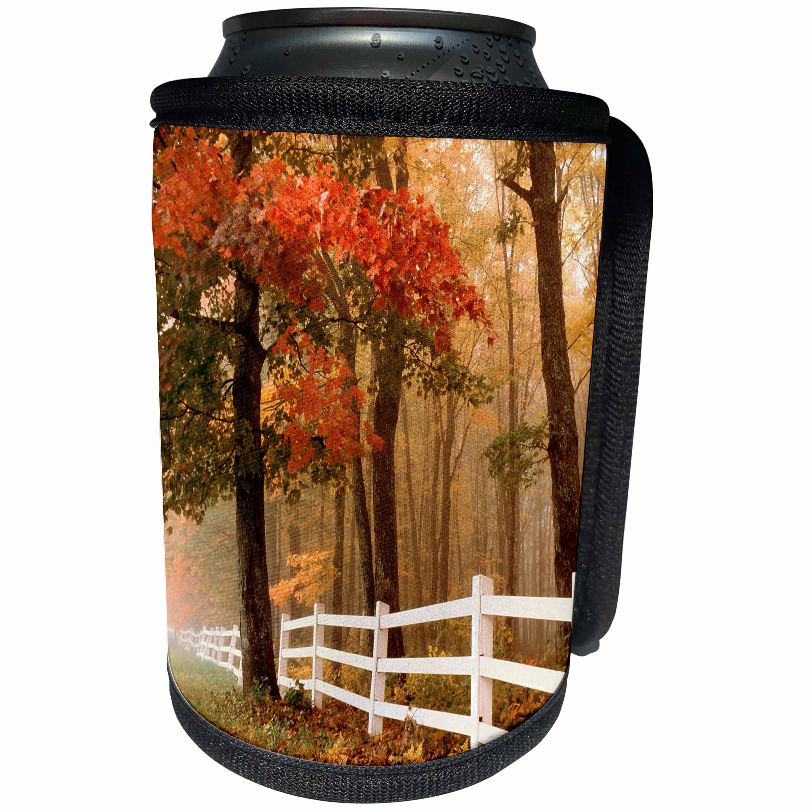 3dRose TNMGraphics Autumn - Autumn Colors and White Fence - Can Cooler Bottle Wrap (cc_25968)