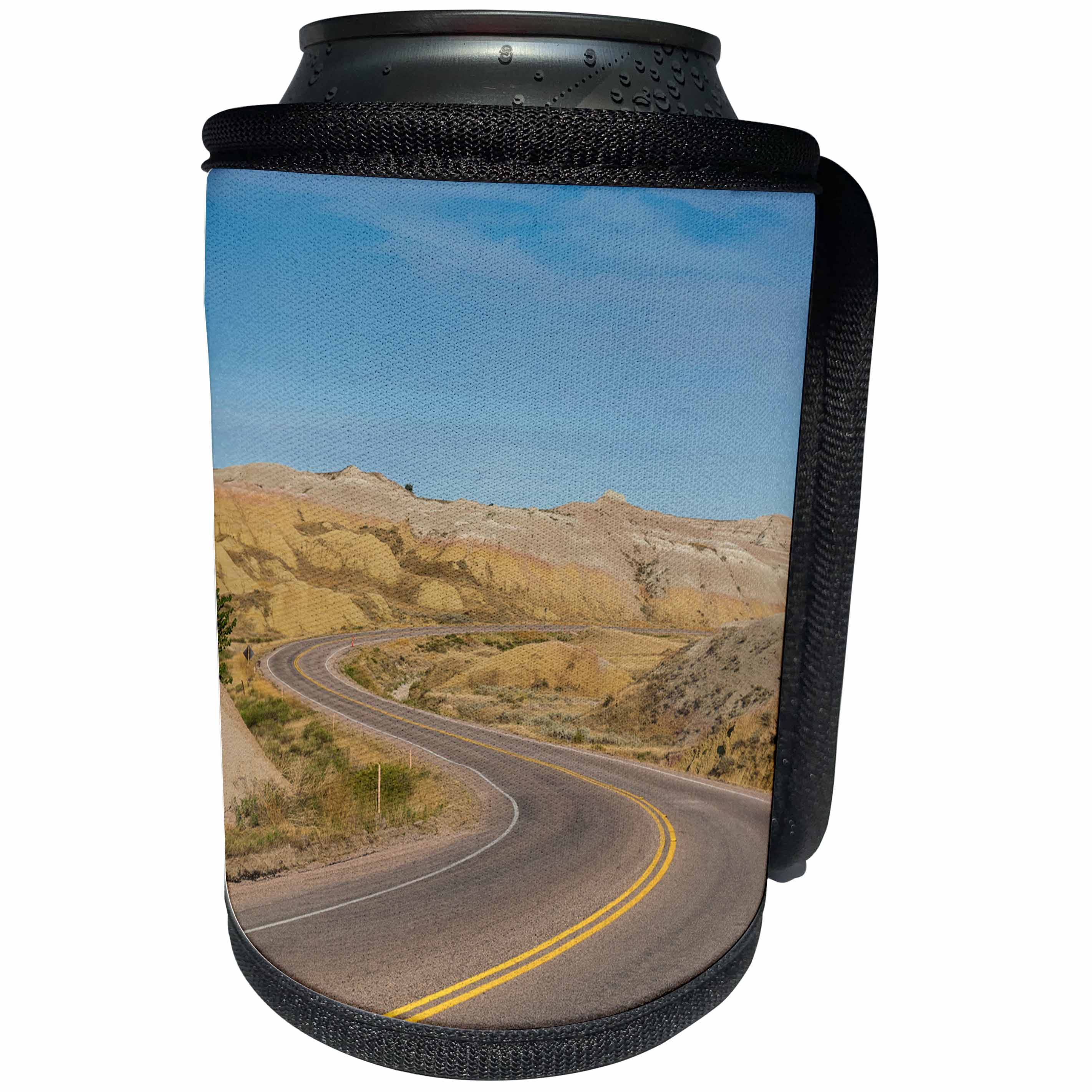 3dRose Danita Delimont - Roads - Road swings through the Badlands National Park, South Dakota, USA - Can Cooler Bottle Wrap (cc_260029)