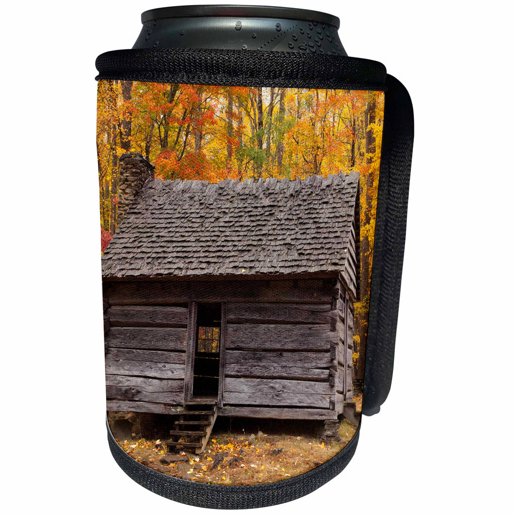 3dRose Danita Delimont - tennessee - Historic wooden cabin in the fall, Smoky Mountains NP, Tennessee - Can Cooler Bottle Wrap (cc_260047)