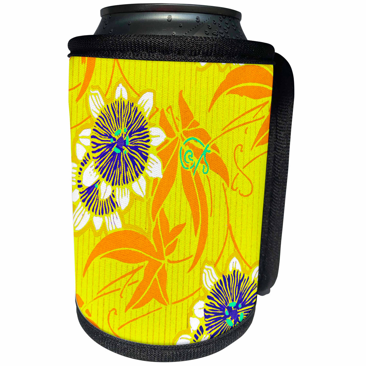 3dRose TNMPastPerfect Floral - Art Nouveau Blue Flowers on Yellow - Can Cooler Bottle Wrap (cc_26023)