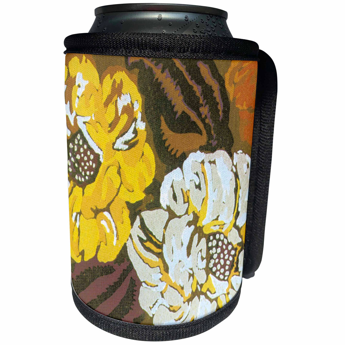 3dRose TNMPastPerfect Floral - Gold and White Flowers - Can Cooler Bottle Wrap (cc_26044)