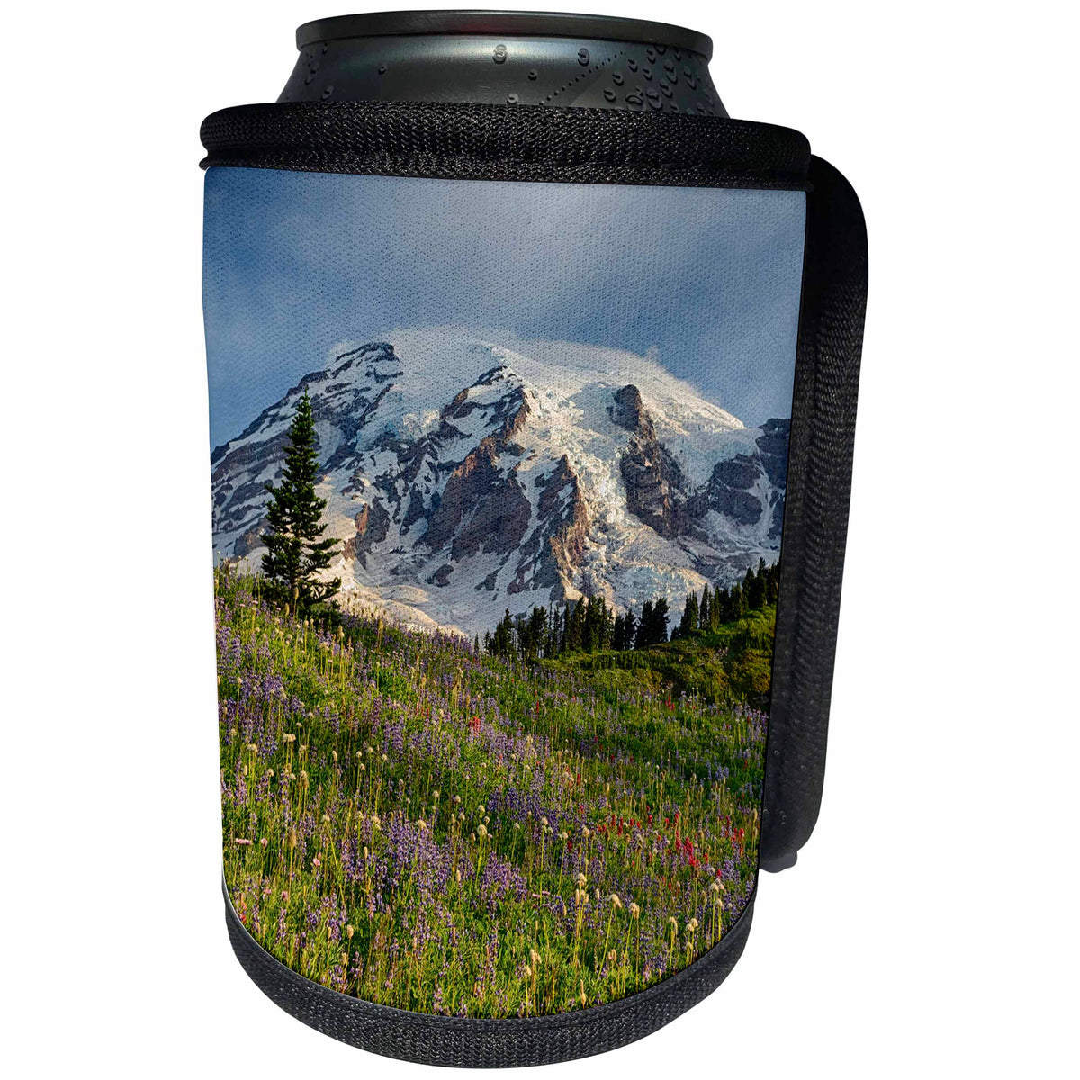 3dRose Danita Delimont - Mountain - WA, Mount Rainier National Park, Mount Rainier and alpine meadow - Can Cooler Bottle Wrap (cc_260491)