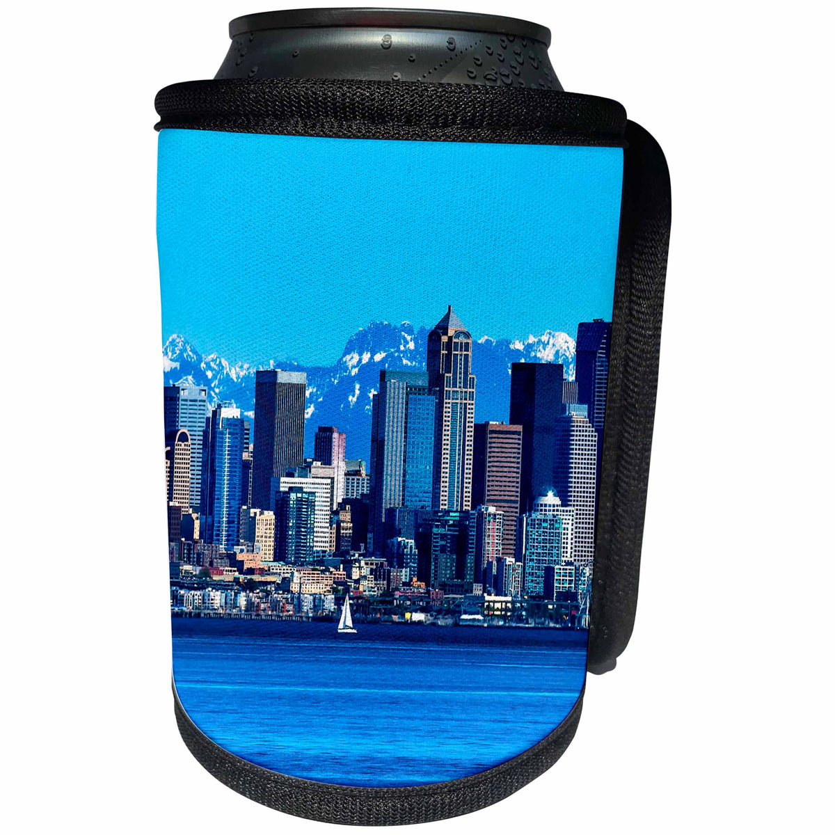3dRose Danita Delimont - Cities - Seattle Skyline Sailboat Puget Sound Cascade Mountains, Washington - Can Cooler Bottle Wrap (cc_260542)