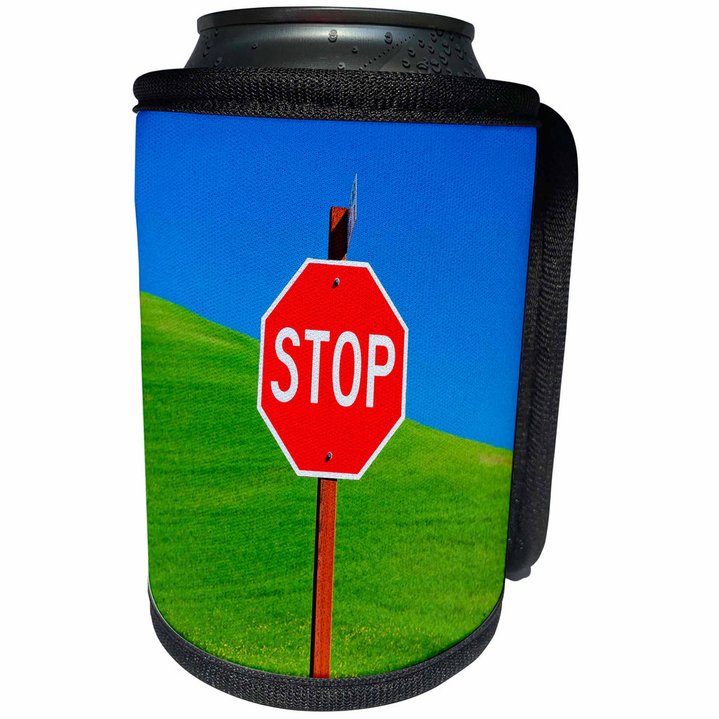 3dRose Danita Delimont - Washington - Red Stop Sign by wheat field, Palouse, Washington - Can Cooler Bottle Wrap (cc_260547)