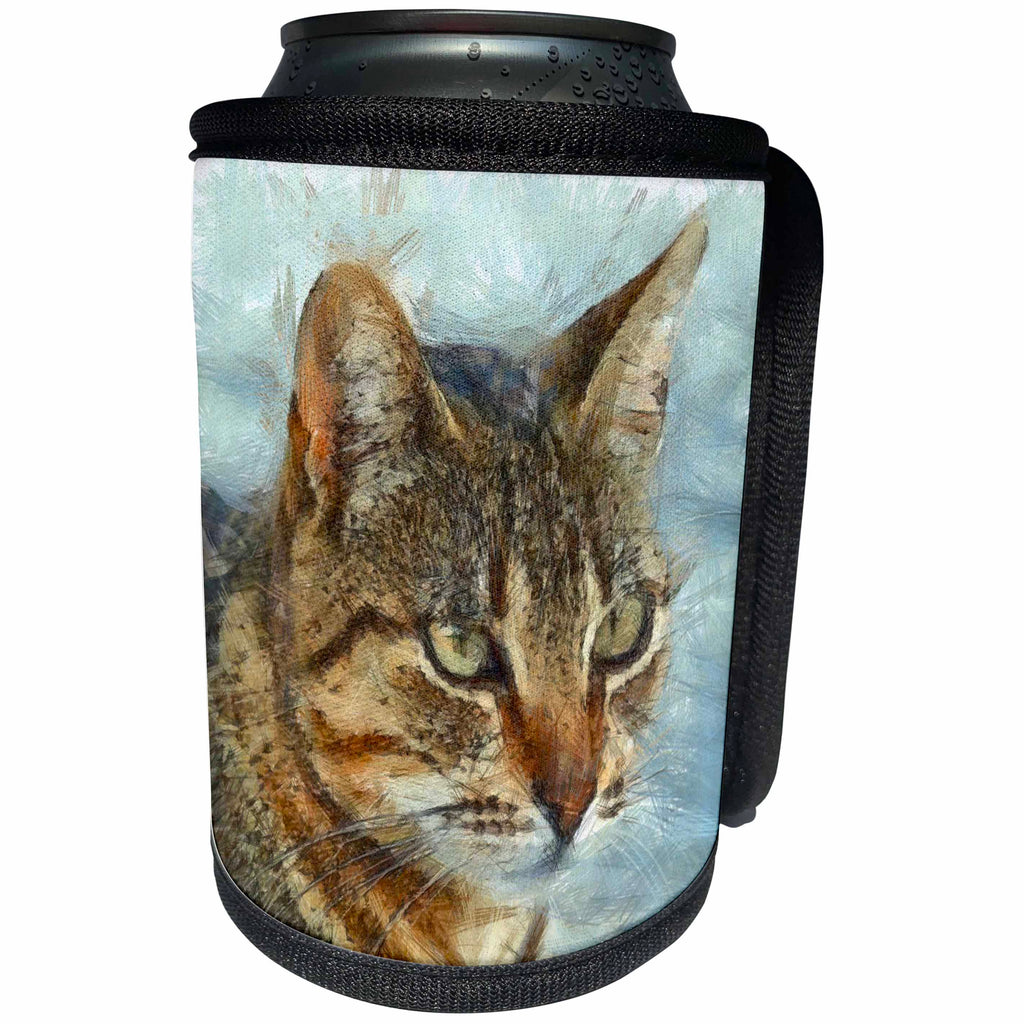 3dRose Taiche - Pencil Drawing - Tabby Cat - Stunning Tabby Cat Close Up Portrait - Can Cooler Bottle Wrap (cc_260802)