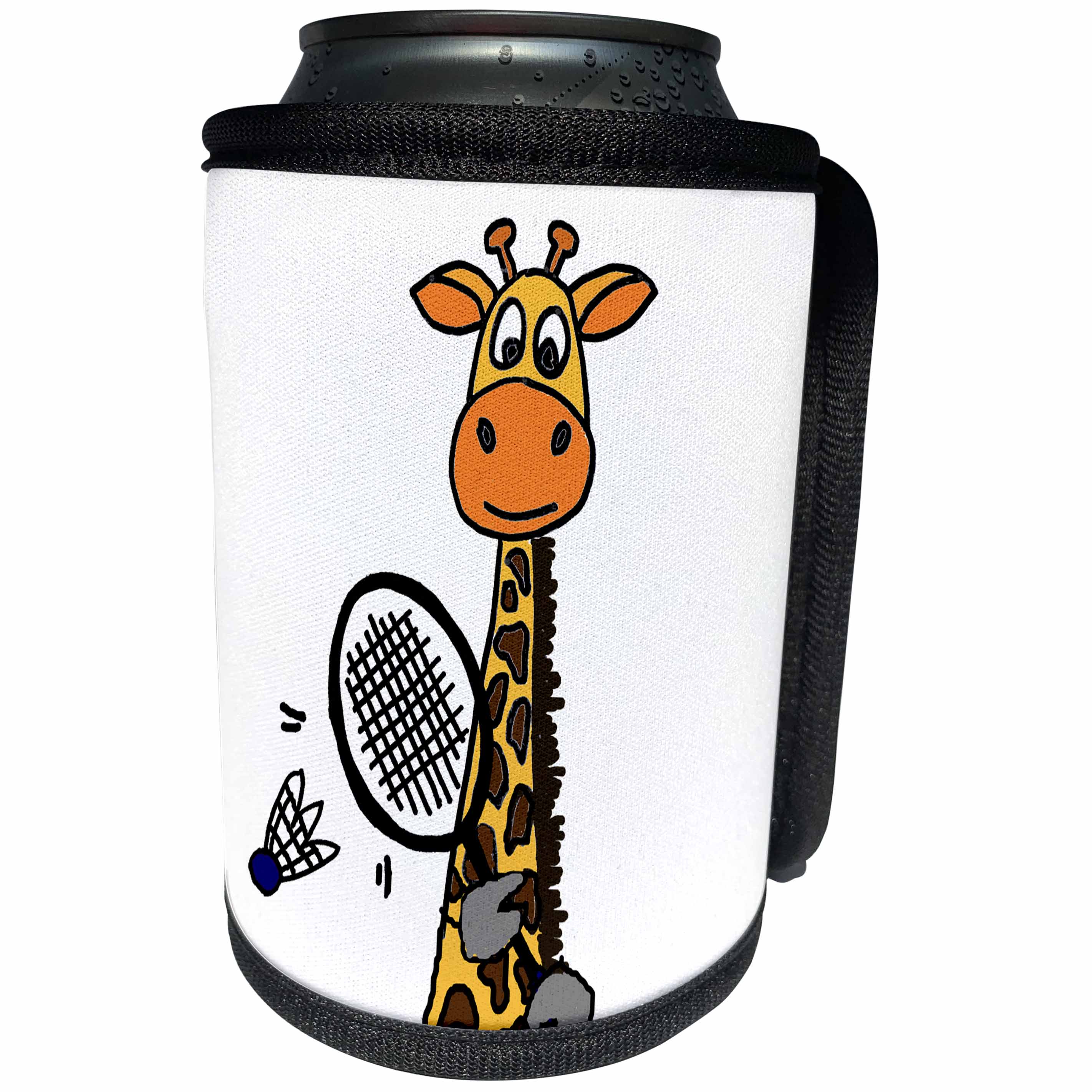 3dRose All Smiles Art Sports and Hobbies - Funny Cute Giraffe Playing Badminton Cartoon - Can Cooler Bottle Wrap (cc_260811)