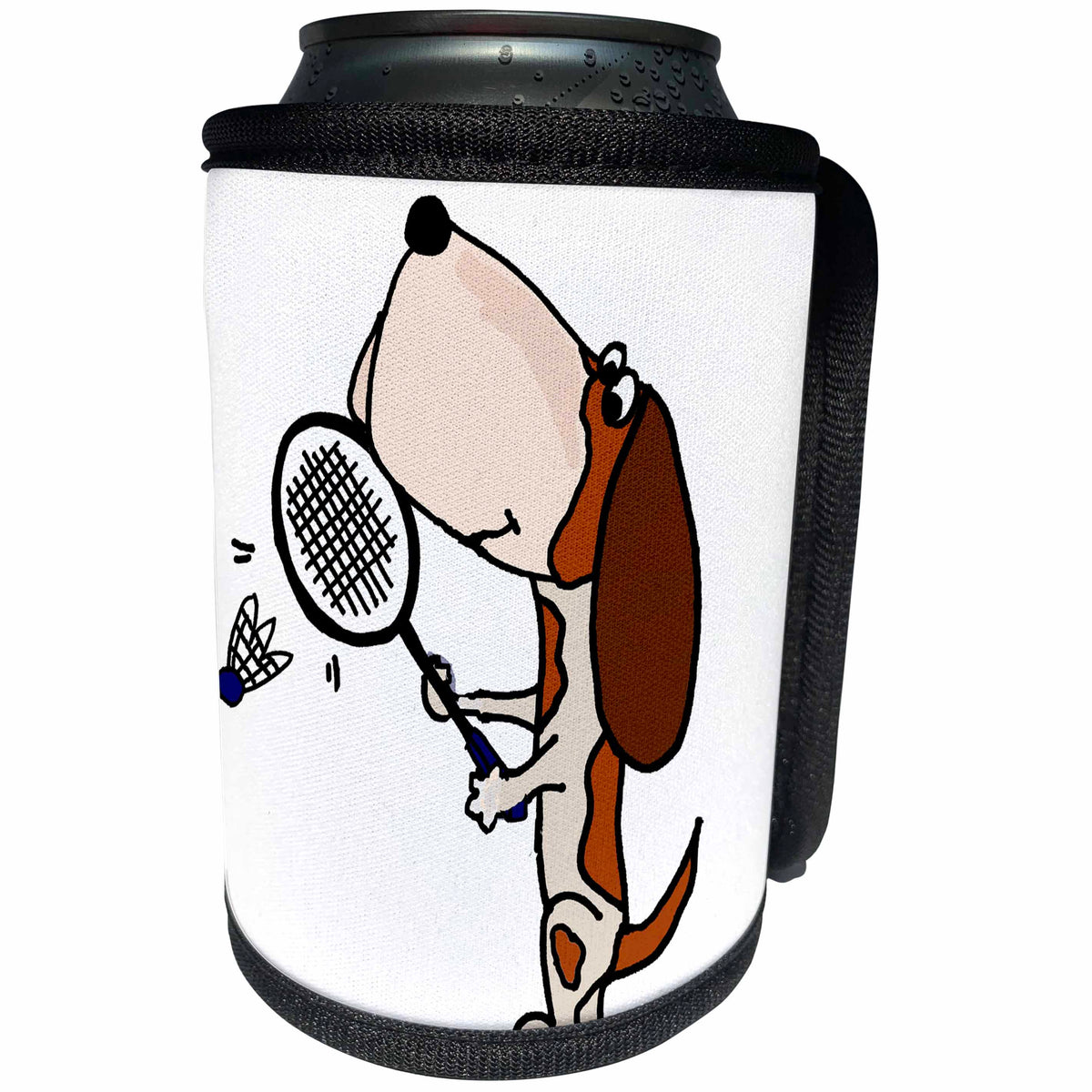 3dRose All Smiles Art Pets - Funny Cute Basset Hound Dog Playing Badminton Sport - Can Cooler Bottle Wrap (cc_260812)