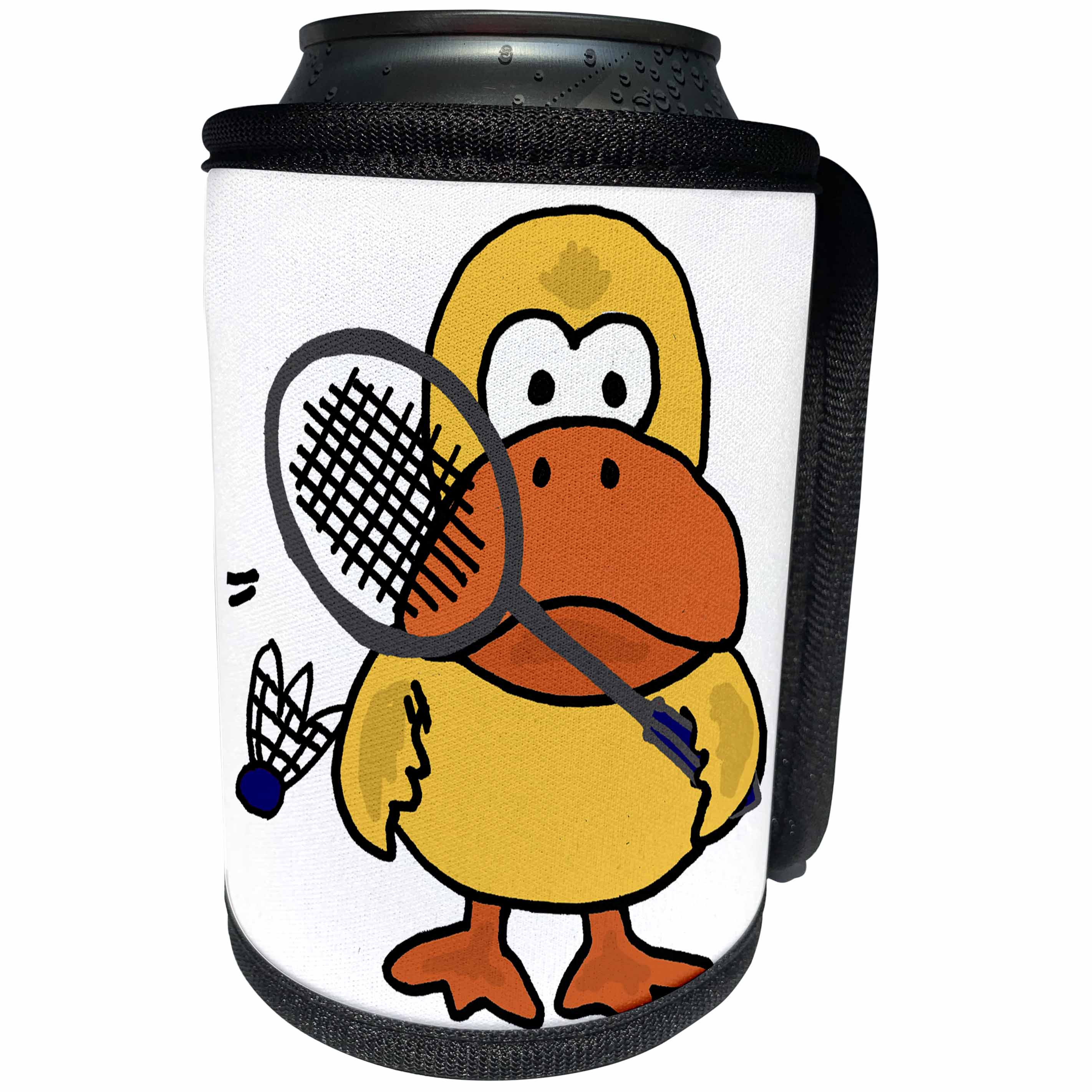 3dRose All Smiles Art Sports and Hobbies - Funny cute yellow duck playing badminton - Can Cooler Bottle Wrap (cc_260814)