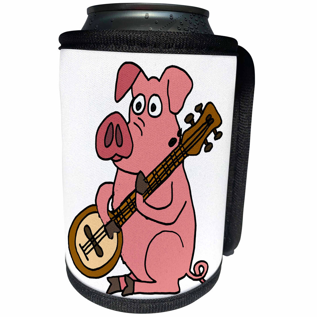 3dRose All Smiles Art Music - Cute Funny Pink Pig Playing Banjo Cartoon - Can Cooler Bottle Wrap (cc_260829)