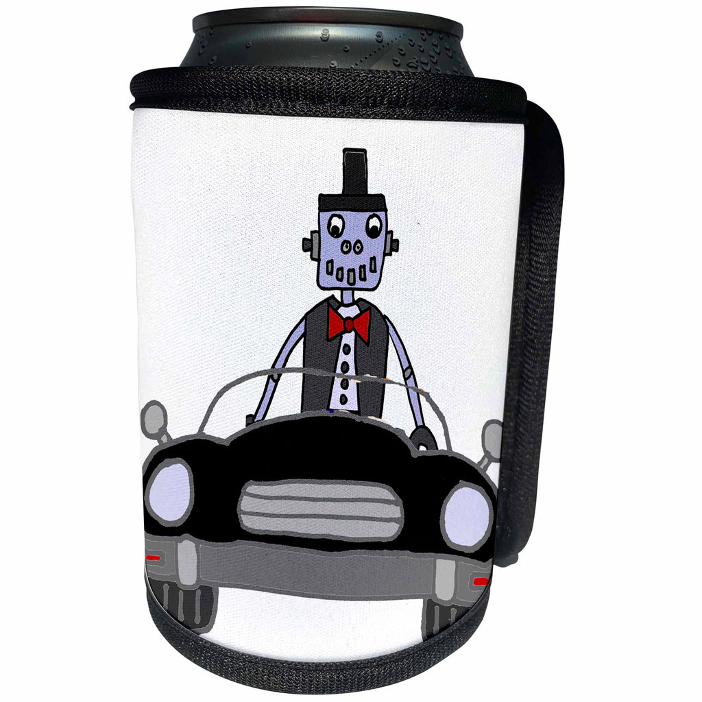 3dRose All Smiles Art Funny - Funny Cute Robot Driving Black Convertible Car Cartoon - Can Cooler Bottle Wrap (cc_260831)