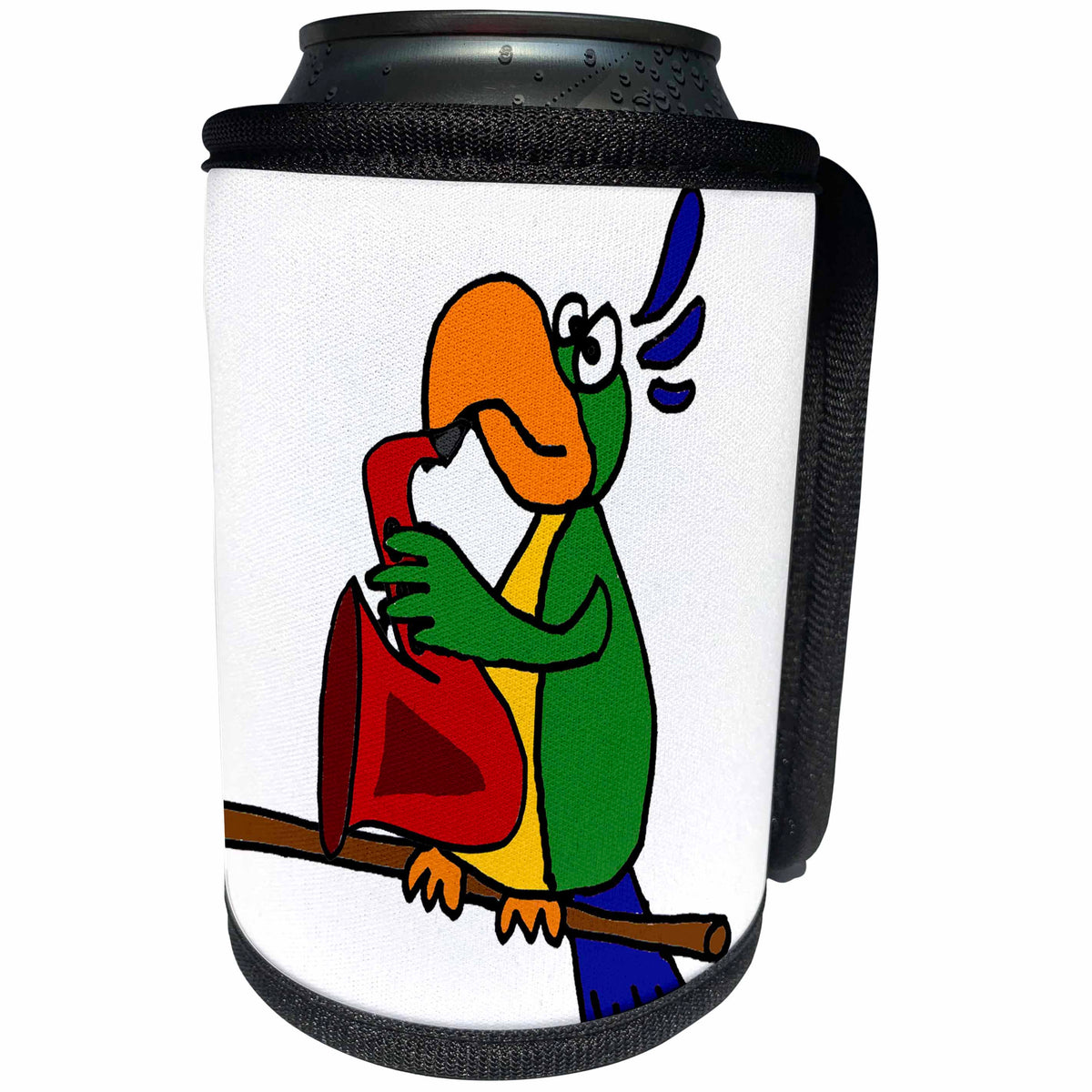 3dRose All Smiles Art Music - Funny Cute Parrot Playing Saxophone - Can Cooler Bottle Wrap (cc_260852)