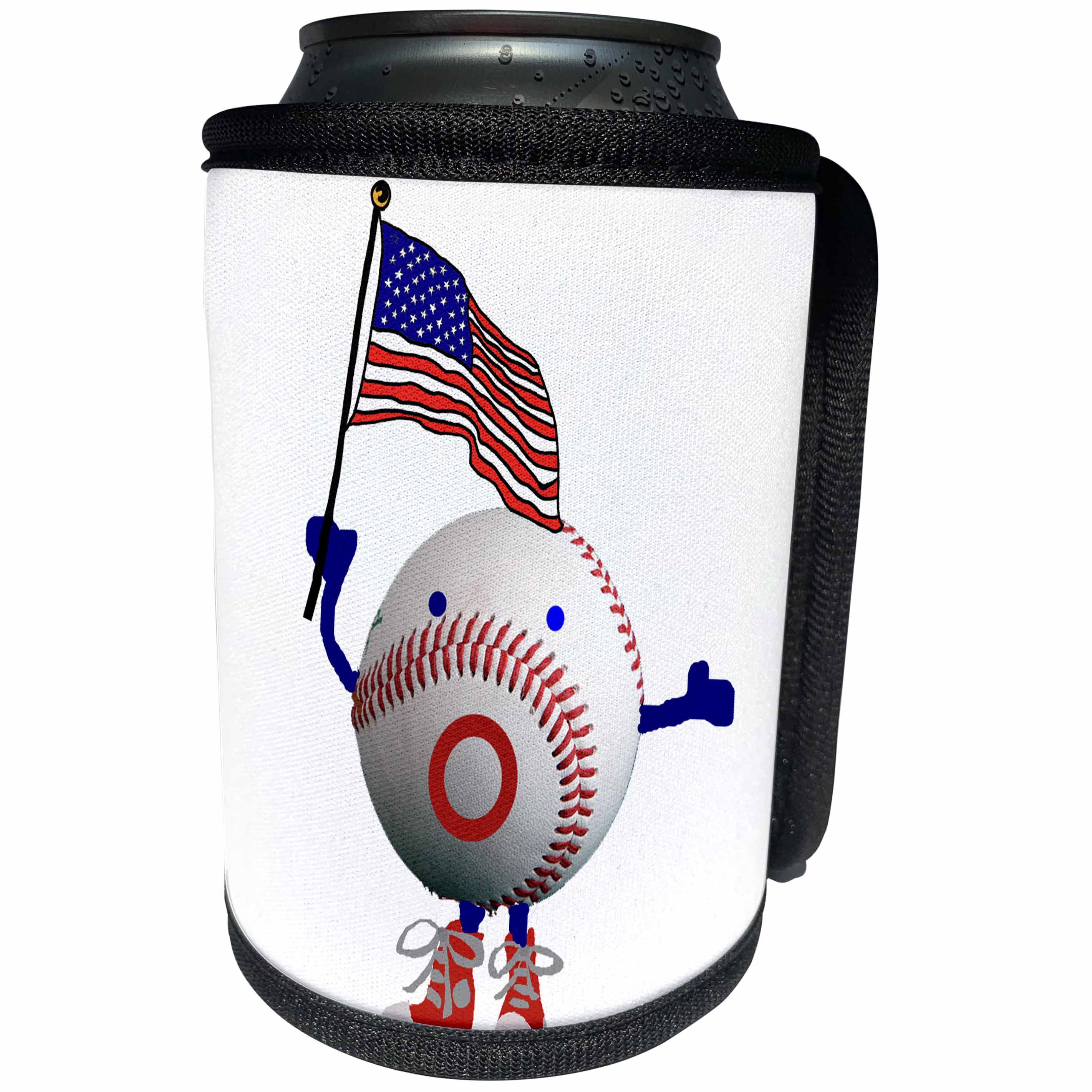 3dRose All Smiles Art Sports and Hobbies - Funny Cute Baseball Character with American Flag - Can Cooler Bottle Wrap (cc_260854)