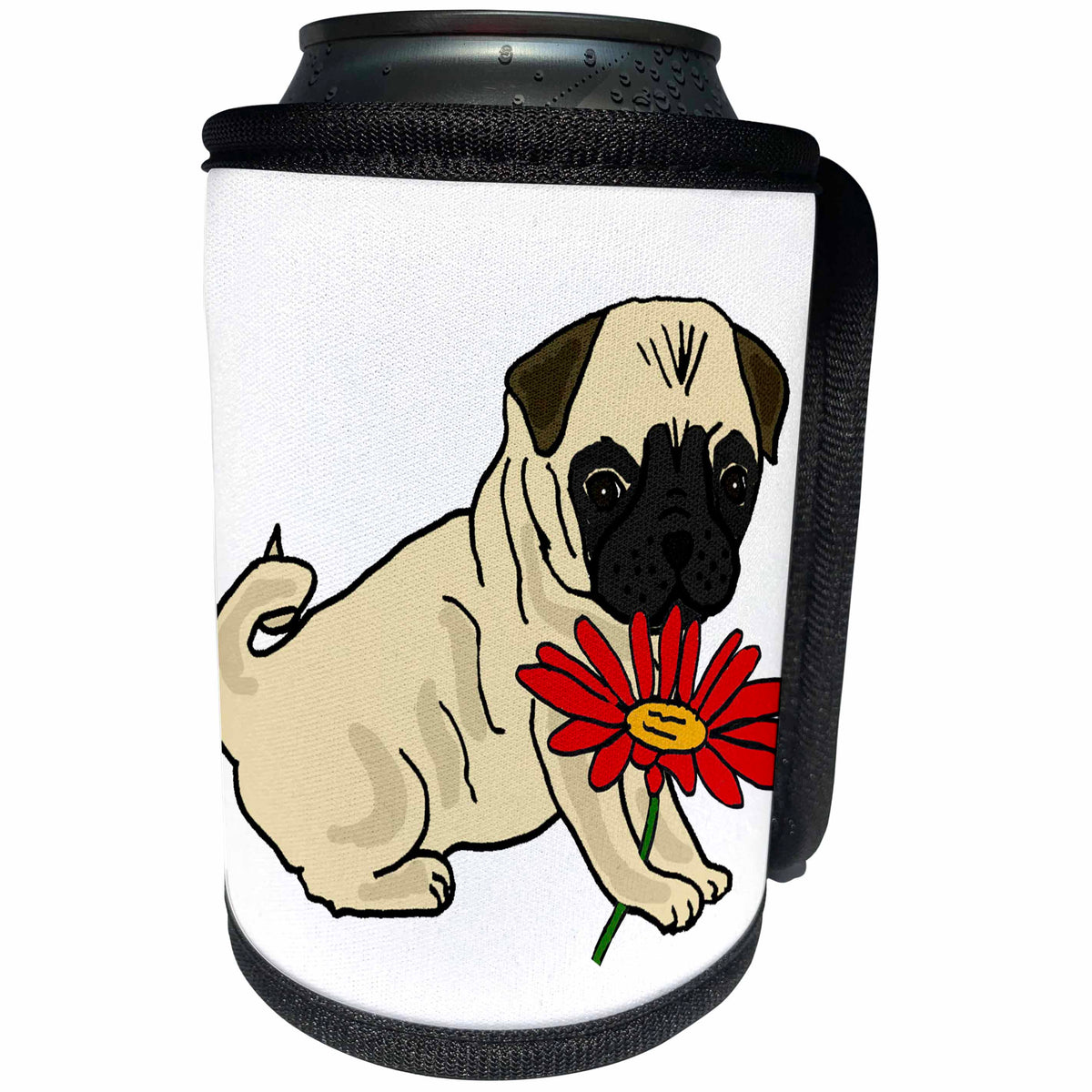 3dRose All Smiles Art Pets - Cute Funny Fawn Pug Puppy Dog with Red Daisy Flower - Can Cooler Bottle Wrap (cc_260879)