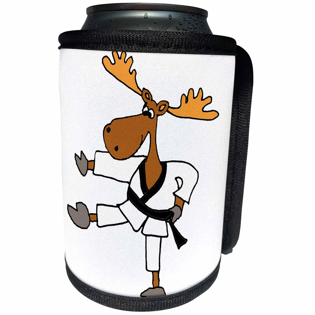 3dRose All Smiles Art Sports and Hobbies - Funny Cute Moose Practicing Karate Cartoon - Can Cooler Bottle Wrap (cc_260881)