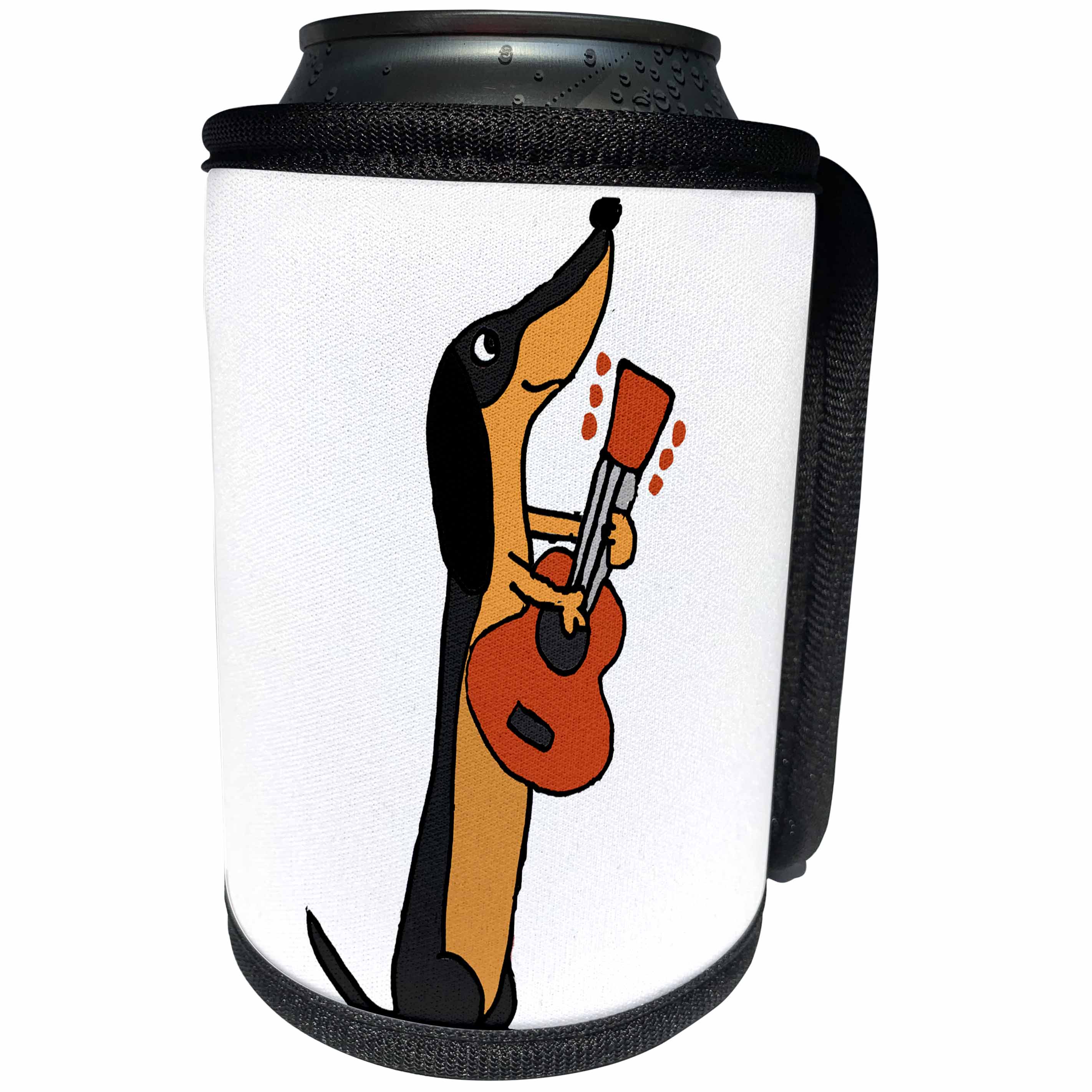 3dRose All Smiles Art Pets - Funny Cute Two-toned Dachshund Dog Playing Guitar - Can Cooler Bottle Wrap (cc_260882)
