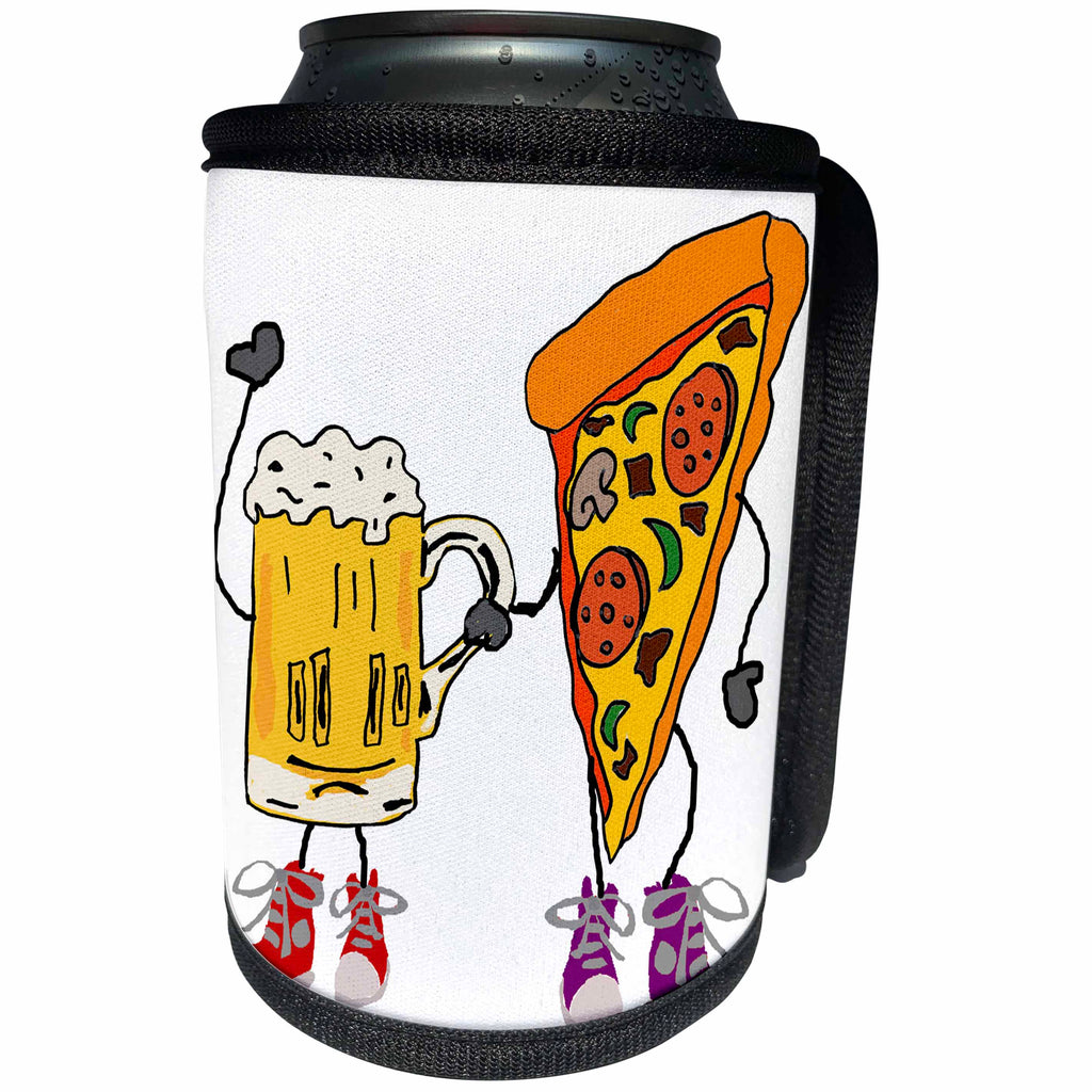 3dRose All Smiles Art Funny - Funny Cute Beer and Pizza Holding Hands Cartoon - Can Cooler Bottle Wrap (cc_260890)