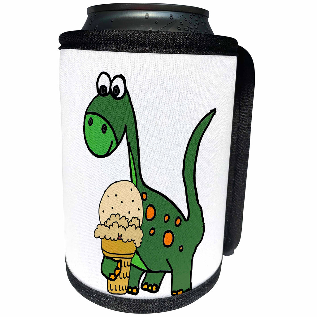 3dRose All Smiles Art Dinosaurs - Funny Cute Brontosaurus Dinosaur eating Ice Cream Cone - Can Cooler Bottle Wrap (cc_260893)