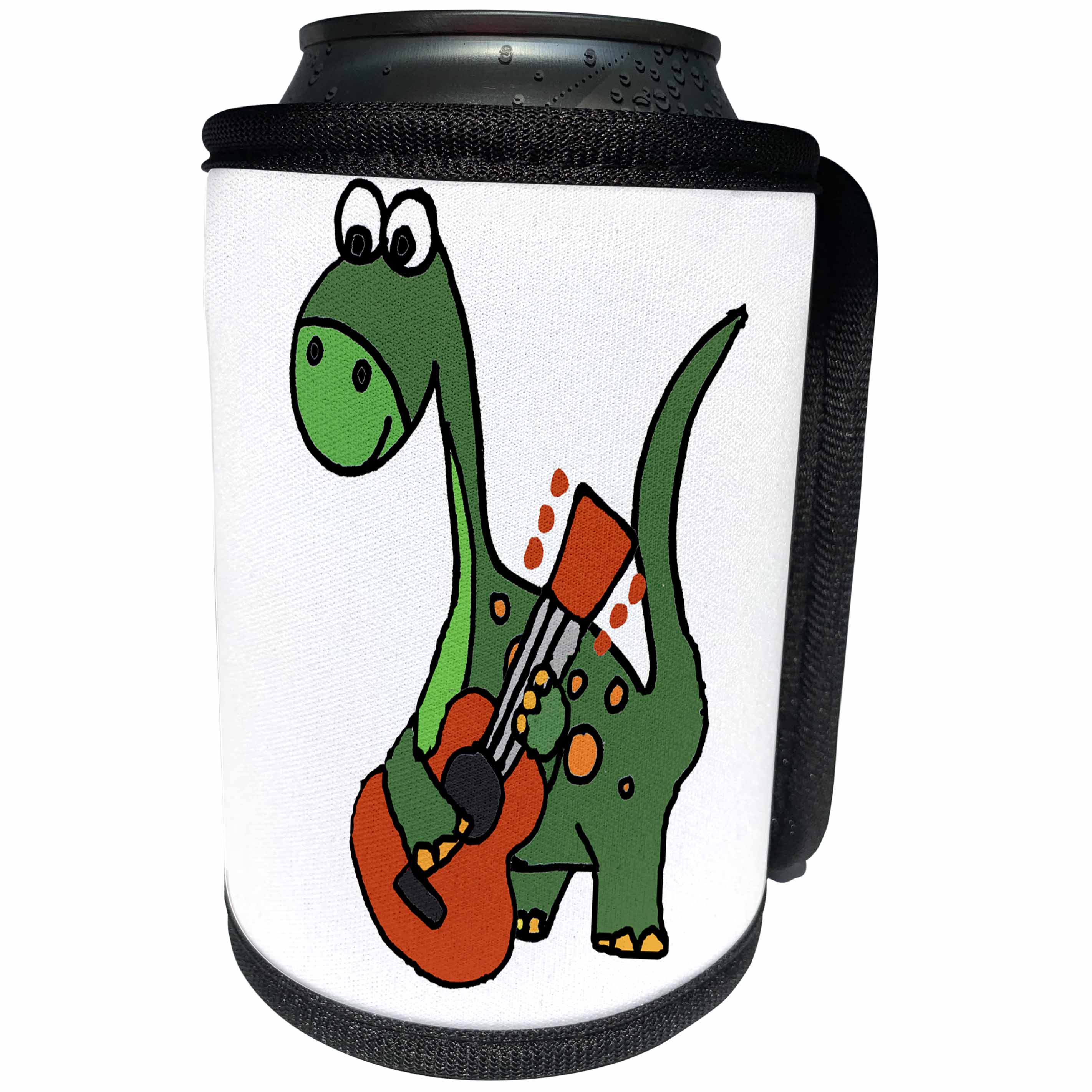 3dRose All Smiles Art Dinosaurs - Funny Cute Brontosaurus Dinosaur Playing Guitar - Can Cooler Bottle Wrap (cc_260894)