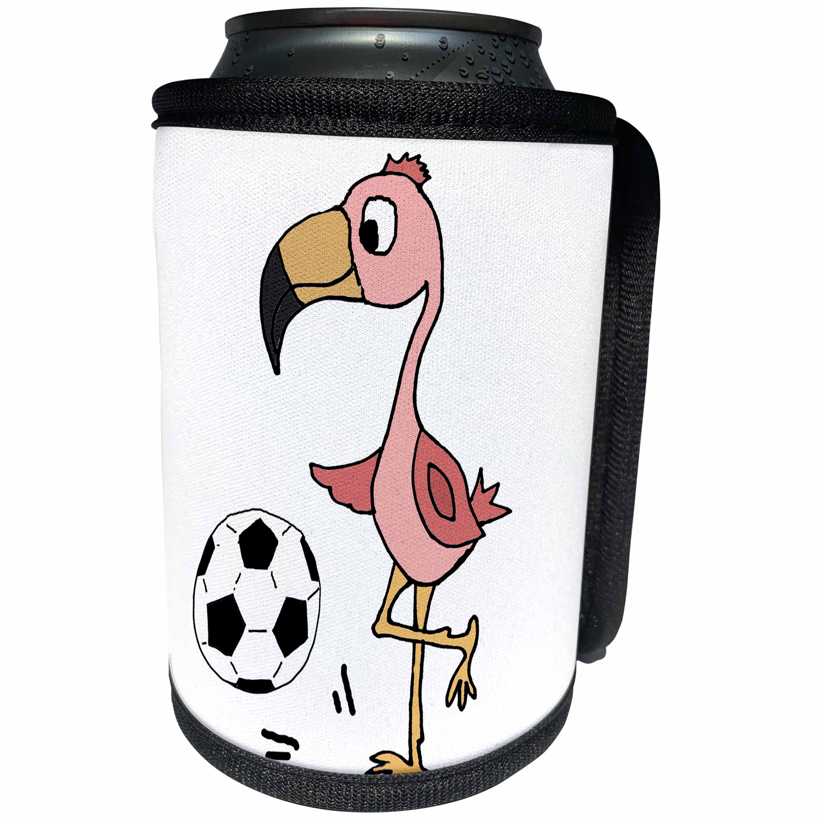3dRose All Smiles Art Sports and Hobbies - Silly Funny Cute Pink Flamingo Bird Playing Soccer - Can Cooler Bottle Wrap (cc_260899)