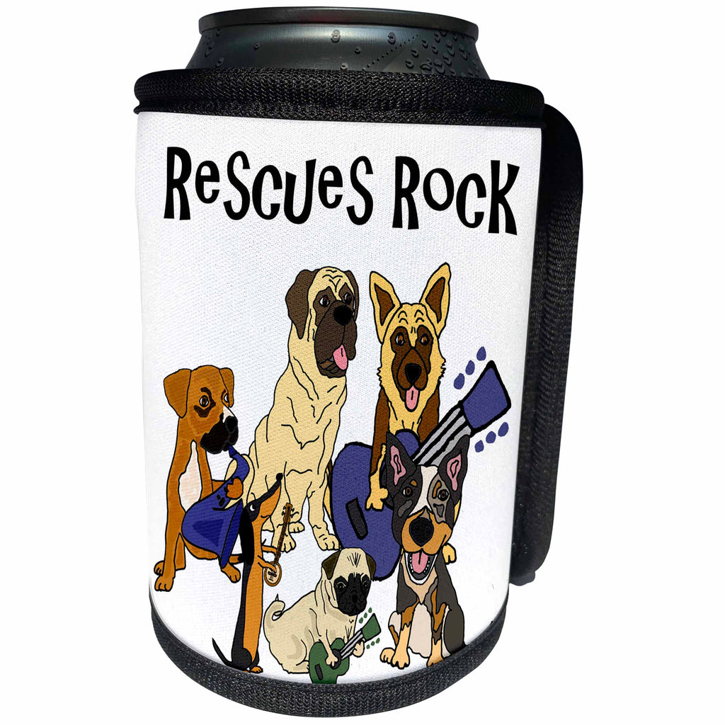 3dRose All Smiles Art Pets - Cool fun Rescue Dogs Rock with pug, Mastiff, Dachshund - Can Cooler Bottle Wrap (cc_260900)