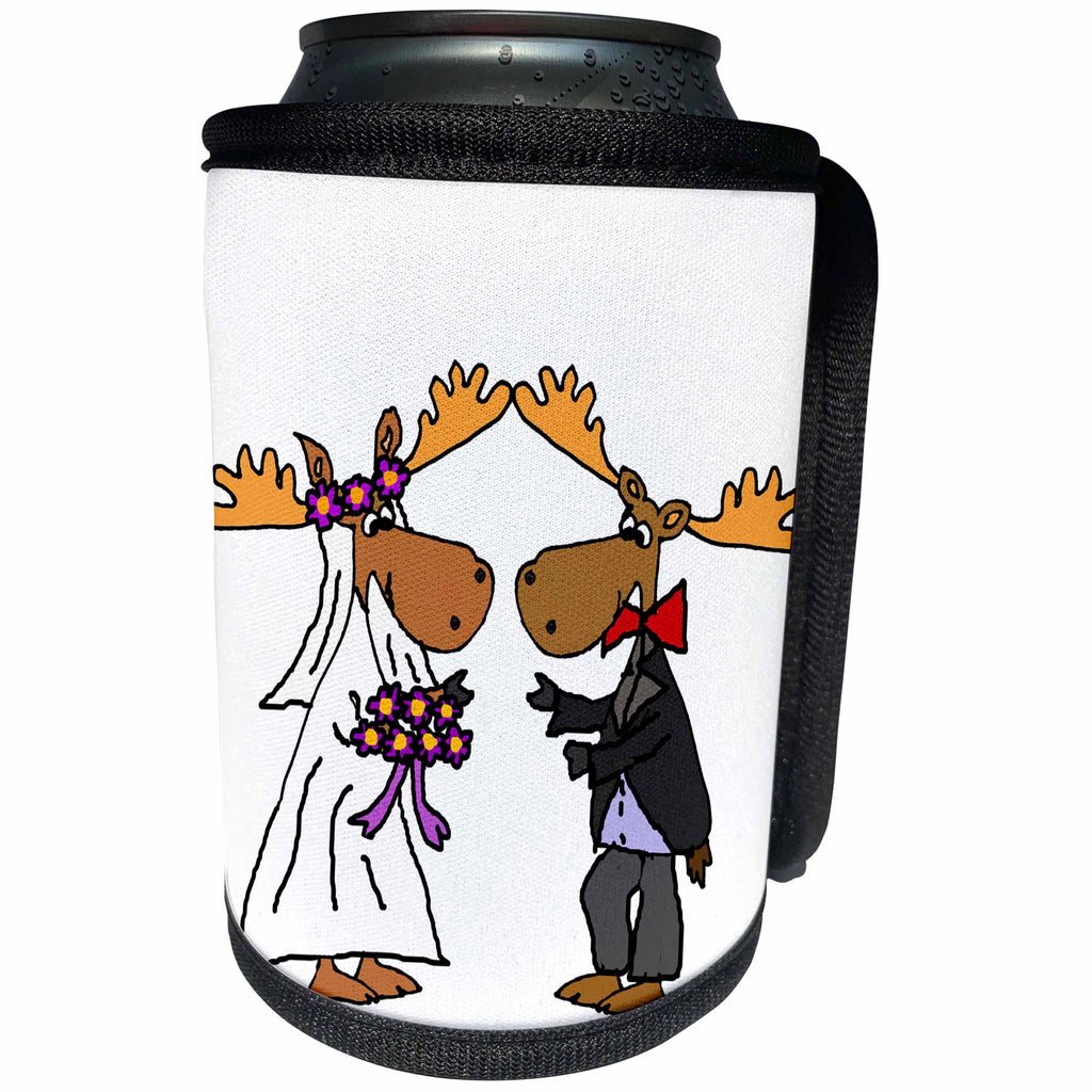 3dRose All Smiles Art Love - Funny Cute Moose Bride and Groom Wedding Cartoon - Can Cooler Bottle Wrap (cc_260903)