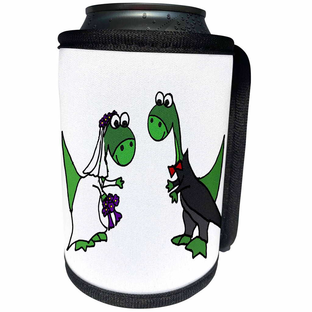 3dRose All Smiles Art Love - Funny Cute Brontosaurus Bride and Groom Dinosaur Wedding - Can Cooler Bottle Wrap (cc_260904)